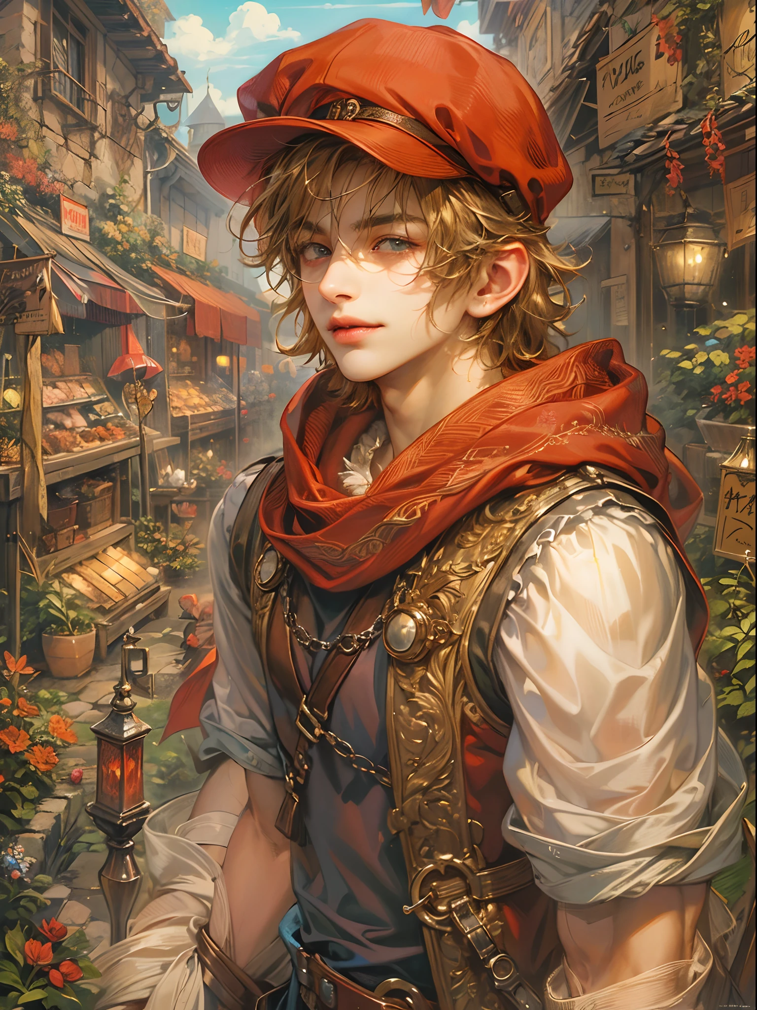(absurdres, highres, ultra detailed, HDR), masterpiece, best quality, legend of mana character, handsome young hero wearing detailed red  hat, detailed face, handsome face, shiloh sightseeing to outside with refreshing crowd, wearing detailed muffler, strolling at the town of domina market , detailed character, detailed outdoor, detailed marketplace