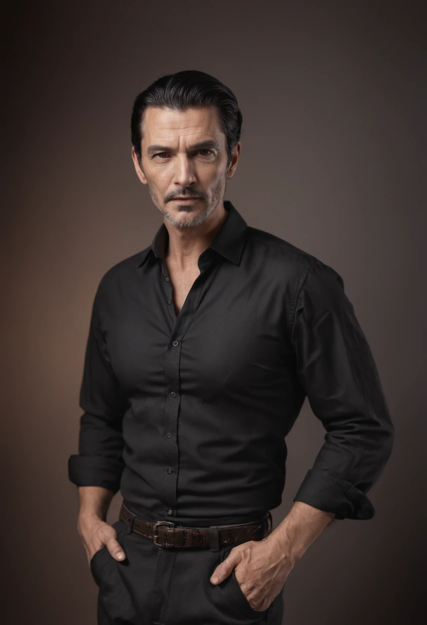 Full body portrait of a handsome middle-aged melancholy king with black slicked back hair and trimmed stubble, wearing a black underwear, tanned, bronzed skin, barefoot, full body, underwear:1.3,