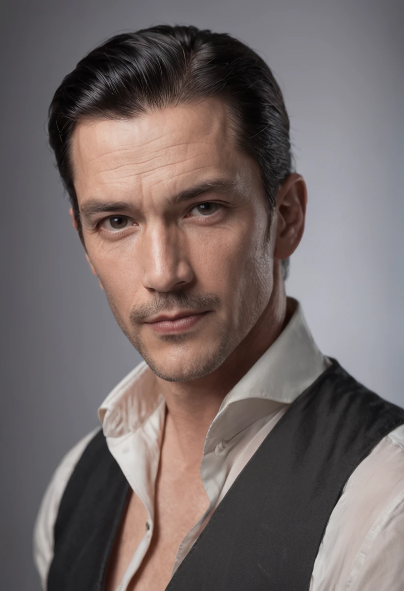 Full body portrait of a handsome middle-aged melancholy king with black slicked back hair and trimmed stubble, wearing a black underwear, tanned, bronzed skin, barefoot, full body, underwear:1.3,