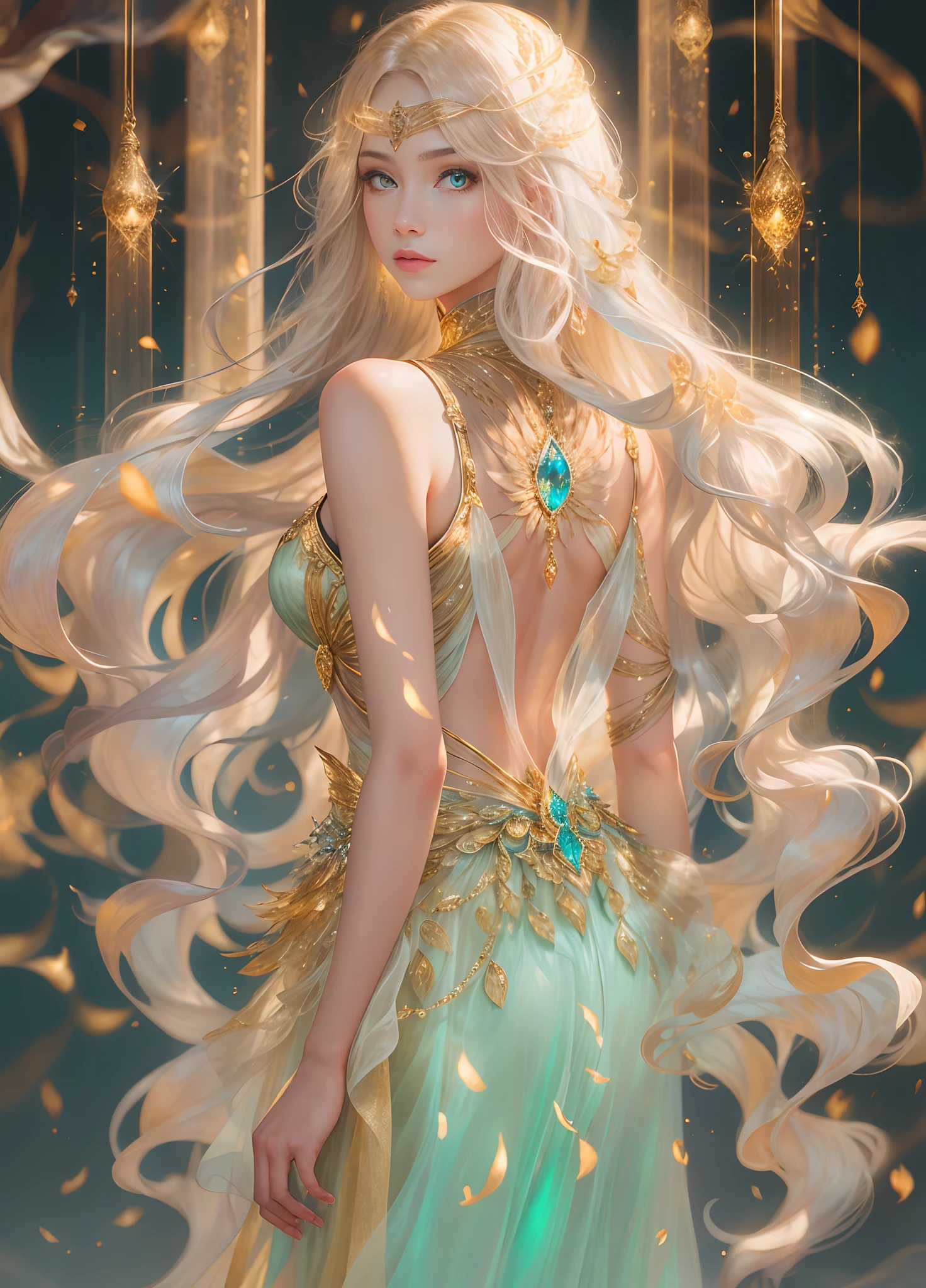 Full body photo,illustratio,cinematric light,fanciful,HighestQuali,ultra - detailed,best qualtiy,tmasterpiece,(详细的脸),Tall sexy mature woman,Silk translucent skirt(pantyless),Glowing quicksand,Floating ember crystals,golden hair accessory,Metals that reflect sunlight,(Body focus:1.25),Clear blue sky,Desert sea in background,with long coiled hair,Golden eyes,Exudes magic,darkly,light reflections