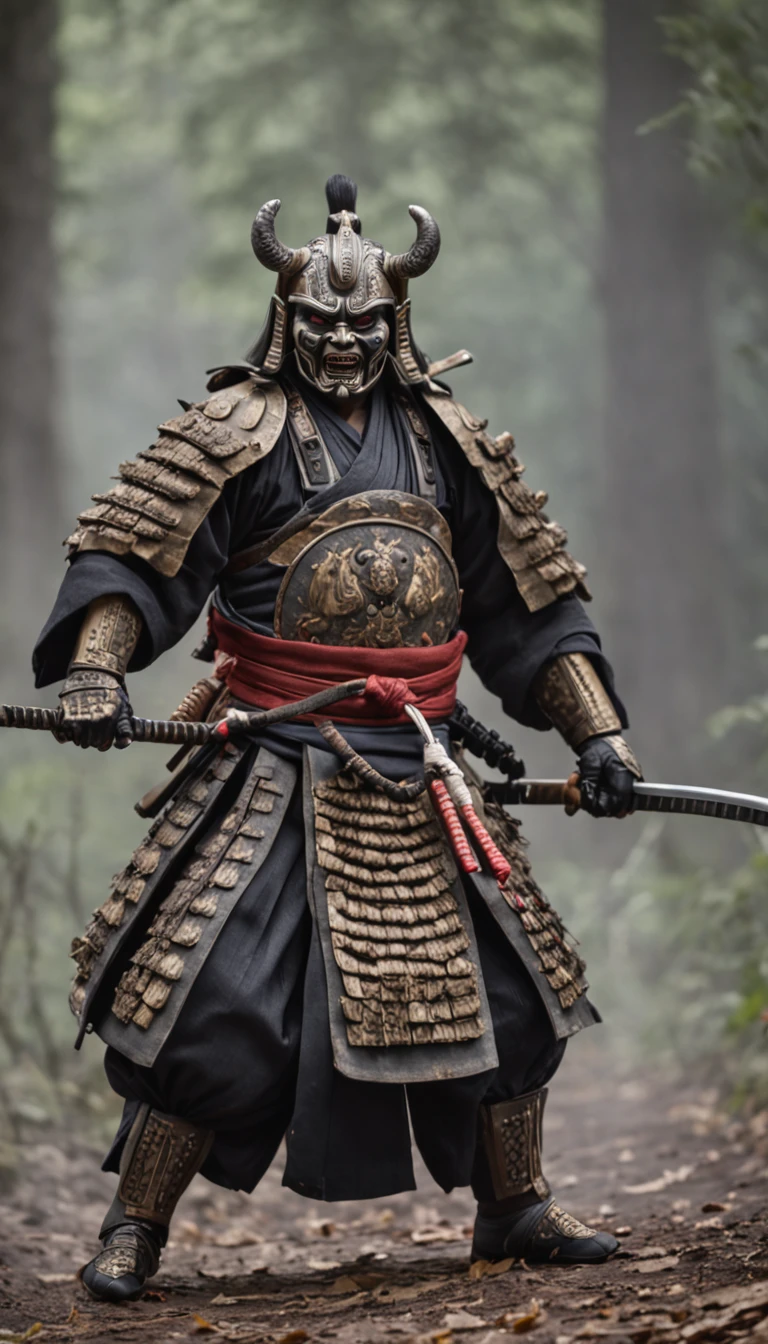 approximately 20 years after the feudal era, A samurai with a katana wrapped in a sinister aura facing off against several menacing monsters ready to attack.