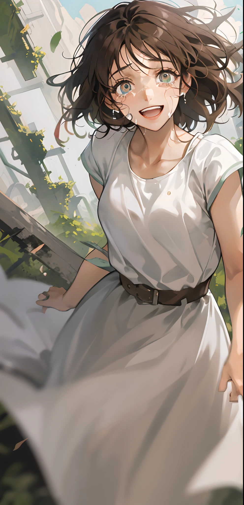 Anime girl in white dress with long hair and brown belt - SeaArt AI