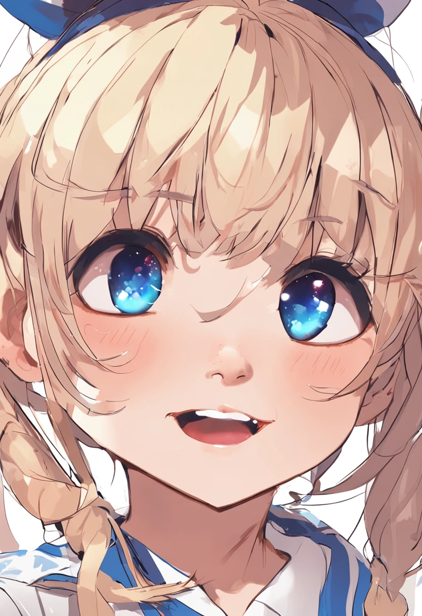 masterpiece, best quality, illustration, 1 cute girl, (smirk:1.4), naughty smile, twin tail hair, bangs, floating_hair, looking_at_viewer, open_mouth, blue_eyes, sailor_collar, simple_background, teeth, tongue, (eyeballs pointing down:1.2), round eyes