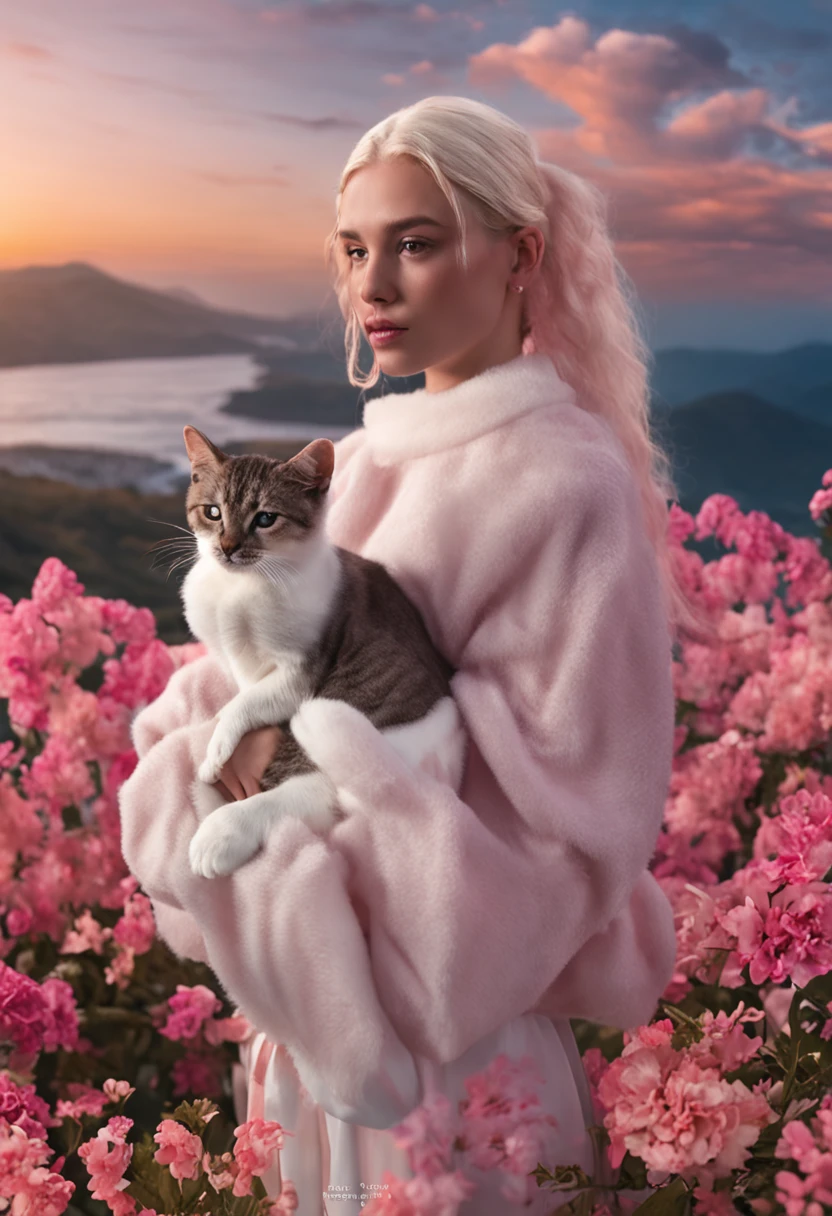 Woman ponytail，Sportswear holding kitten puppet cat。Finger with diamond ring，Holding a bouquet of flowers，A sunset masterpiece，White skin all over the body。