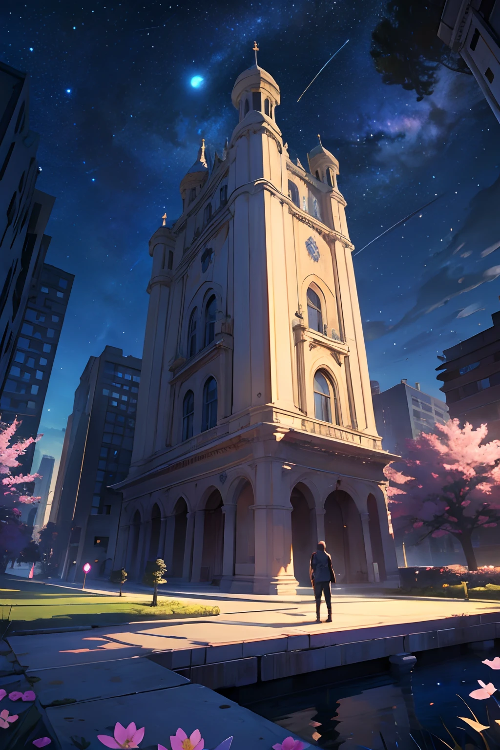 Game Scene. The player is levitating over a fallen Starry Night Star. There are flower trees on the far side of the building. --auto