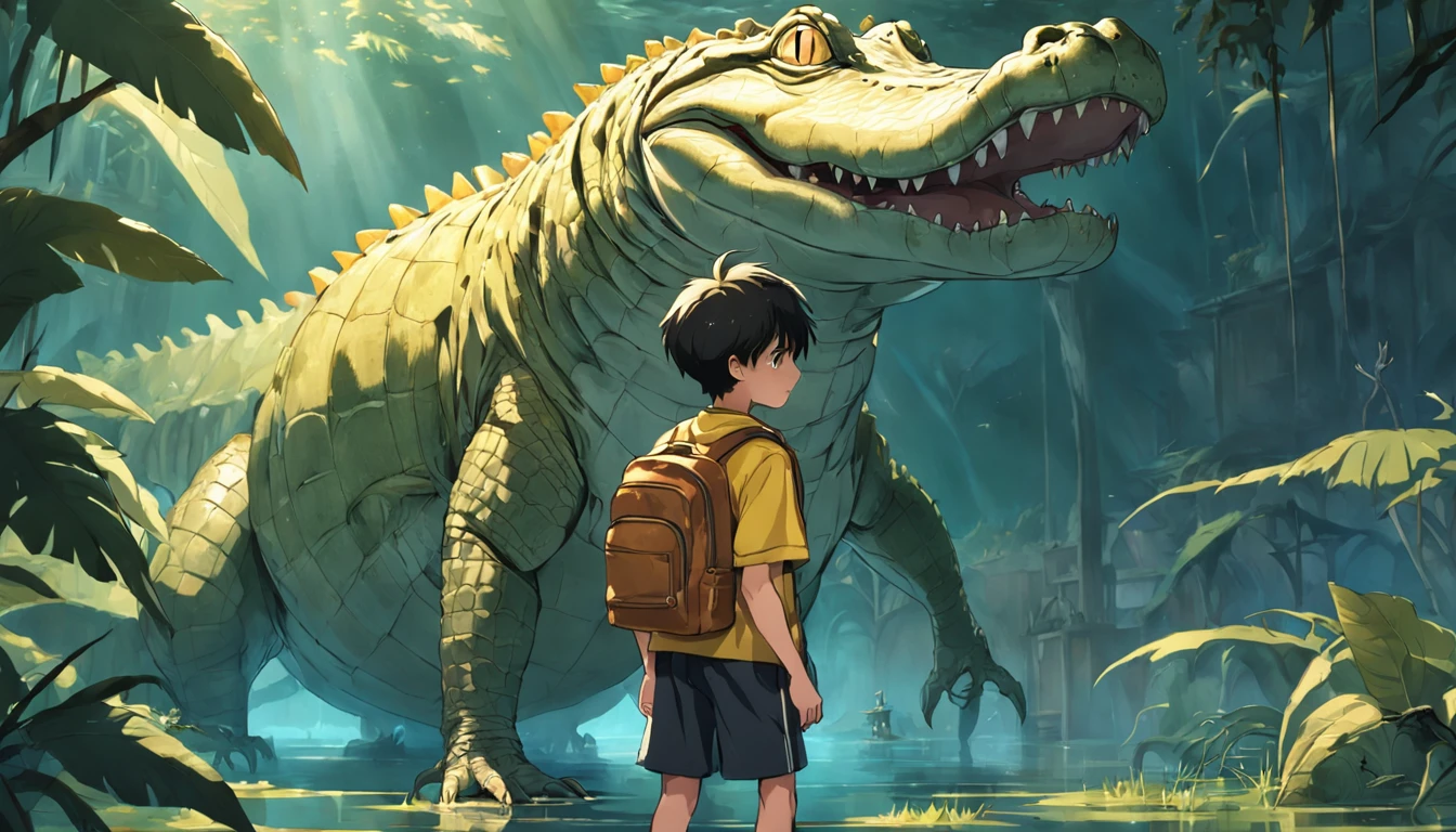 A boy with yellow backpack raised by alligators in high school , na escola , Other children, alligator , childrens , alligator , childrens , Cartoon