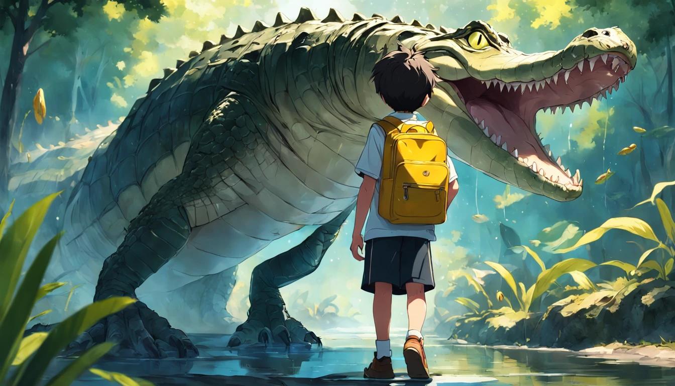 A boy with yellow backpack raised by alligators in high school , na escola , Other children, alligator , childrens , alligator , childrens , Cartoon