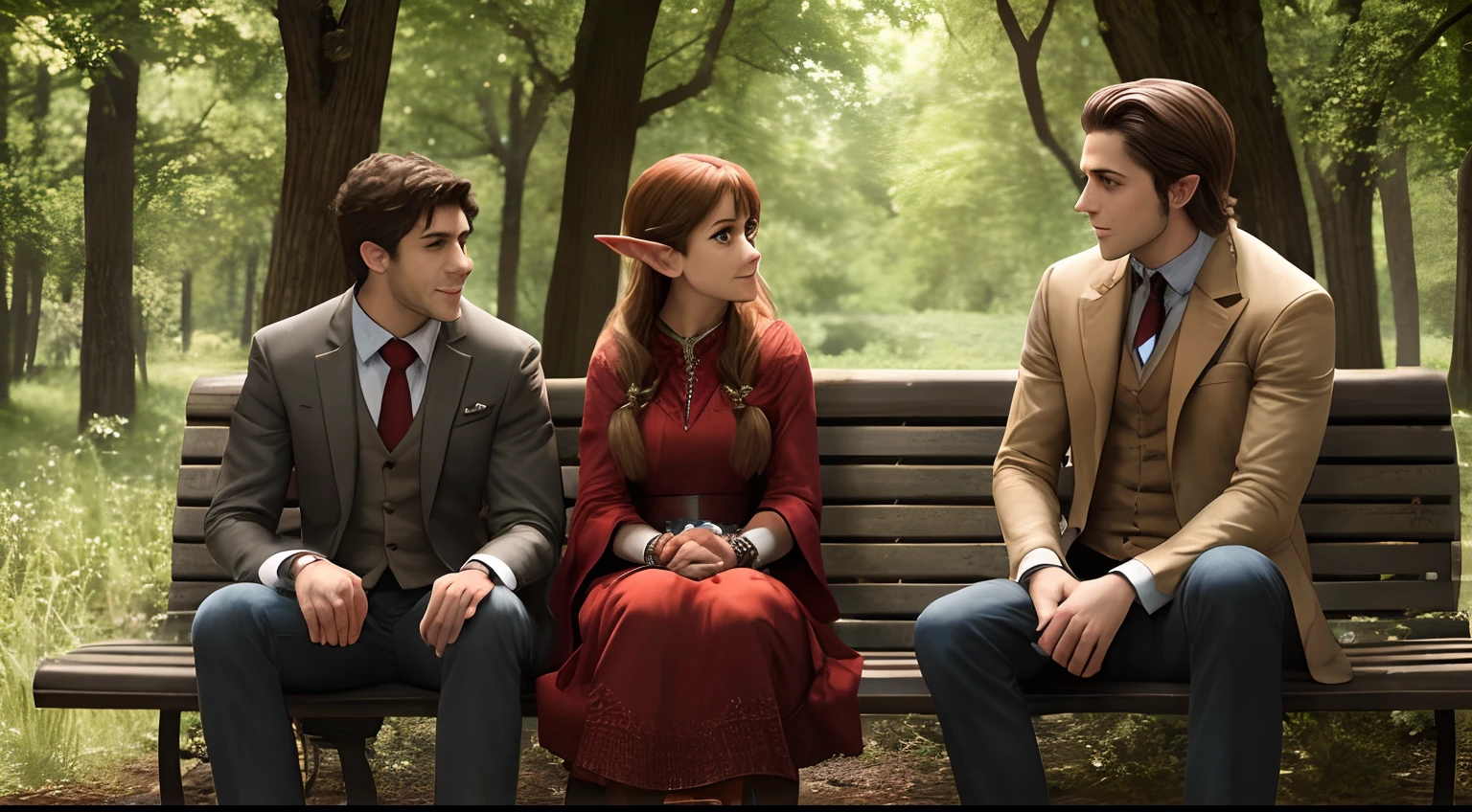 Love story, young werewolf man and female elf sitting on a bench back to back. --auto