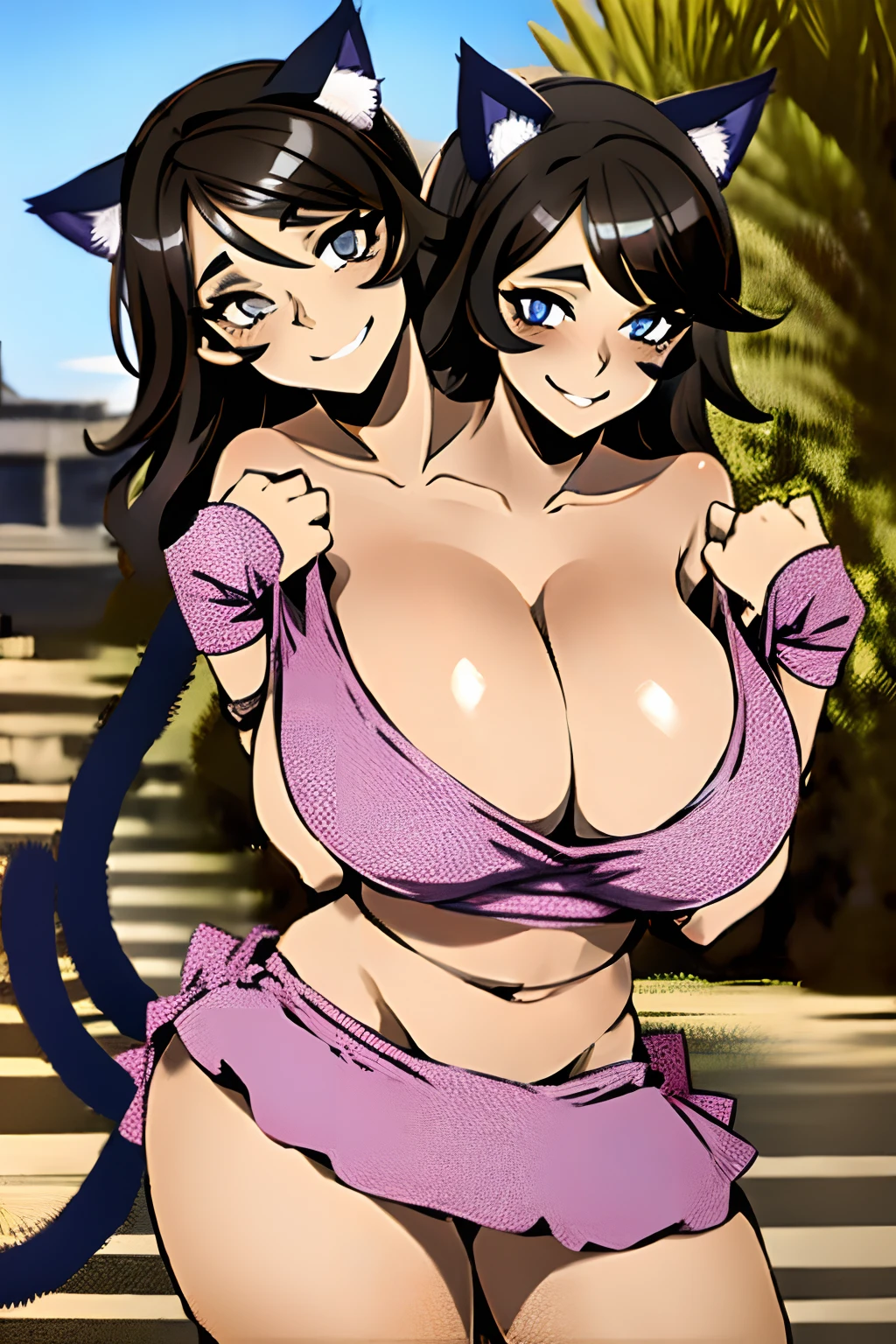 2heads, a short fat woman with 2 heads. She has massive breasts. She is outside in a sunny village. She is wearing a skimpy outfit. She is wearing fake cat ears and a fake cat tail. She has enormous fat breasts. She has cat facepaint and fake whiski. She is extremely short. She is extremely fat. She looks flirty. She looks seductive. She is blushing. Her breasts are gigantic and fat. She has long straight dark brown hair. She looks mature. She looks motherly. Her breasts are enormous. She is laughing.