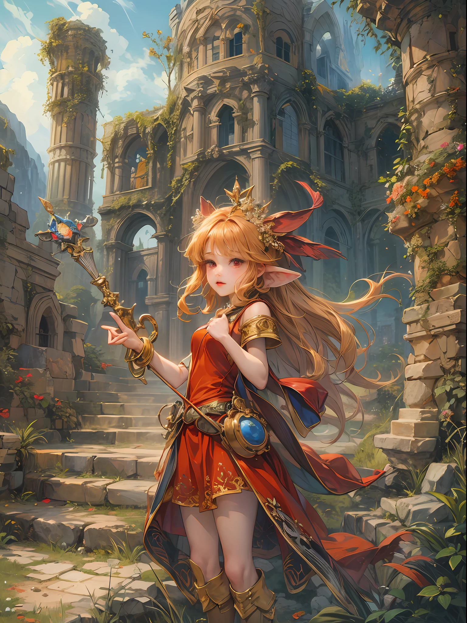 (absurdres, highres, ultra detailed, HDR), masterpiece, best quality, legend of mana character, heroine, detailed face, beautiful face with decorative pins on hair, seraphina talking to a little  black haired faerie with red eyes with magic wand outside midas ruins, detailed character, detailed outdoor ruins, detailed backdrop