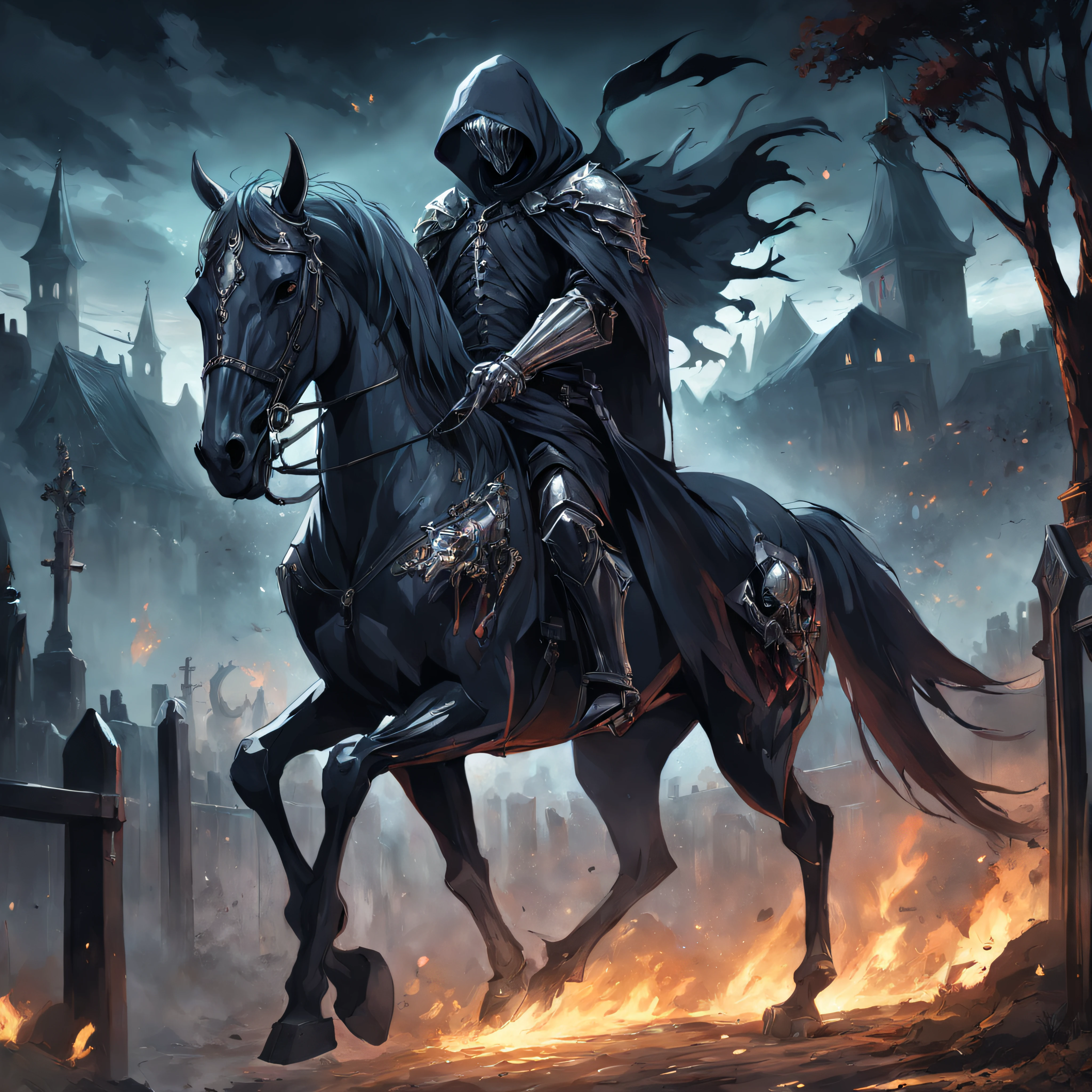 a man riding on the back of a horse in a cemetery, Artstation contest winner, gothic art, portrait of grim reaper, shining armour made of steel, dark. no text, detailed image, graveside, grim gwent card, covet death, award winning concept artist, editorial image, man in horse costume