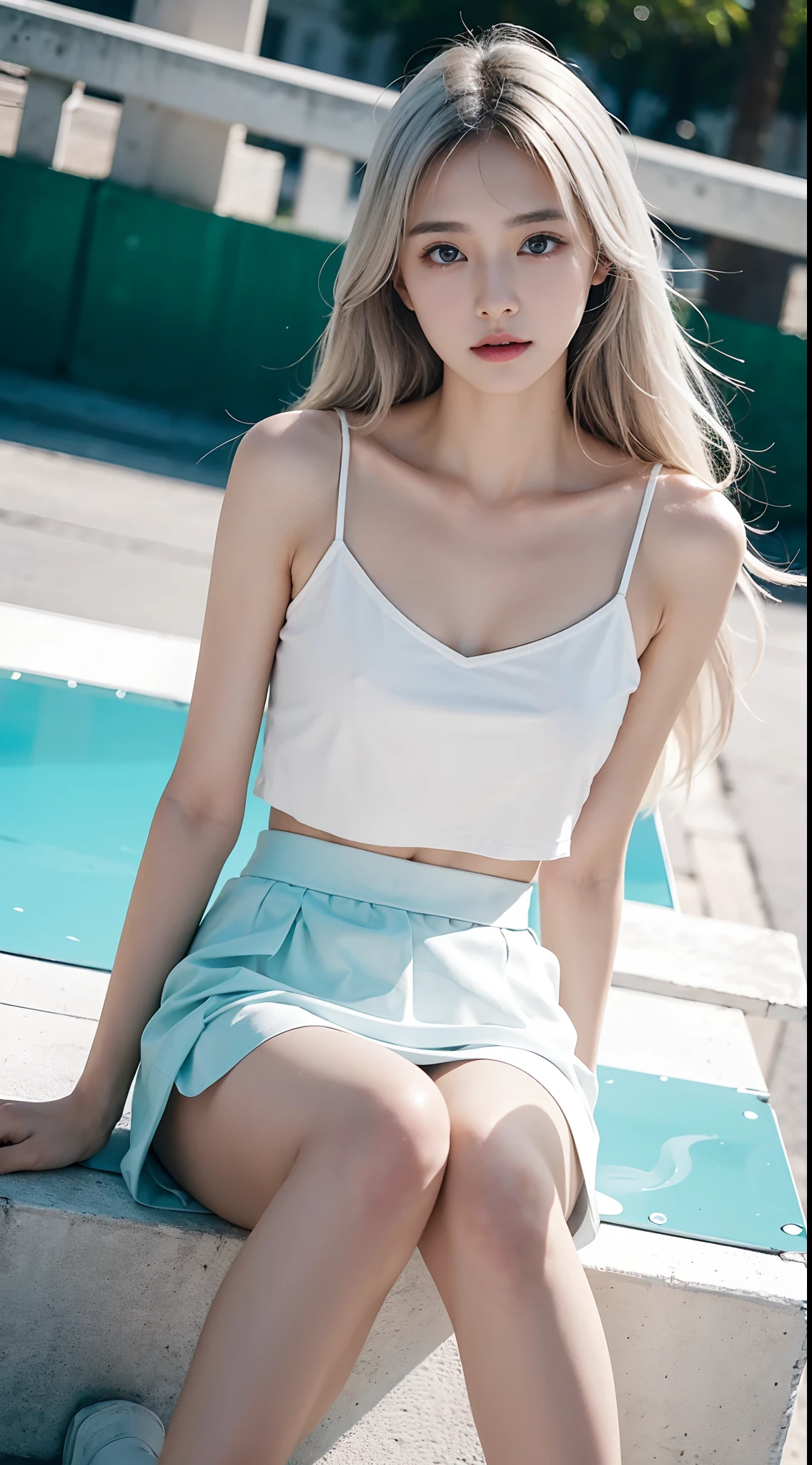top Quority,Ultra-clear resolution,Clear eyes,plain face,s the perfect face,White skin,Perfect chest,with perfect legs,Random color style skirt,Random environment