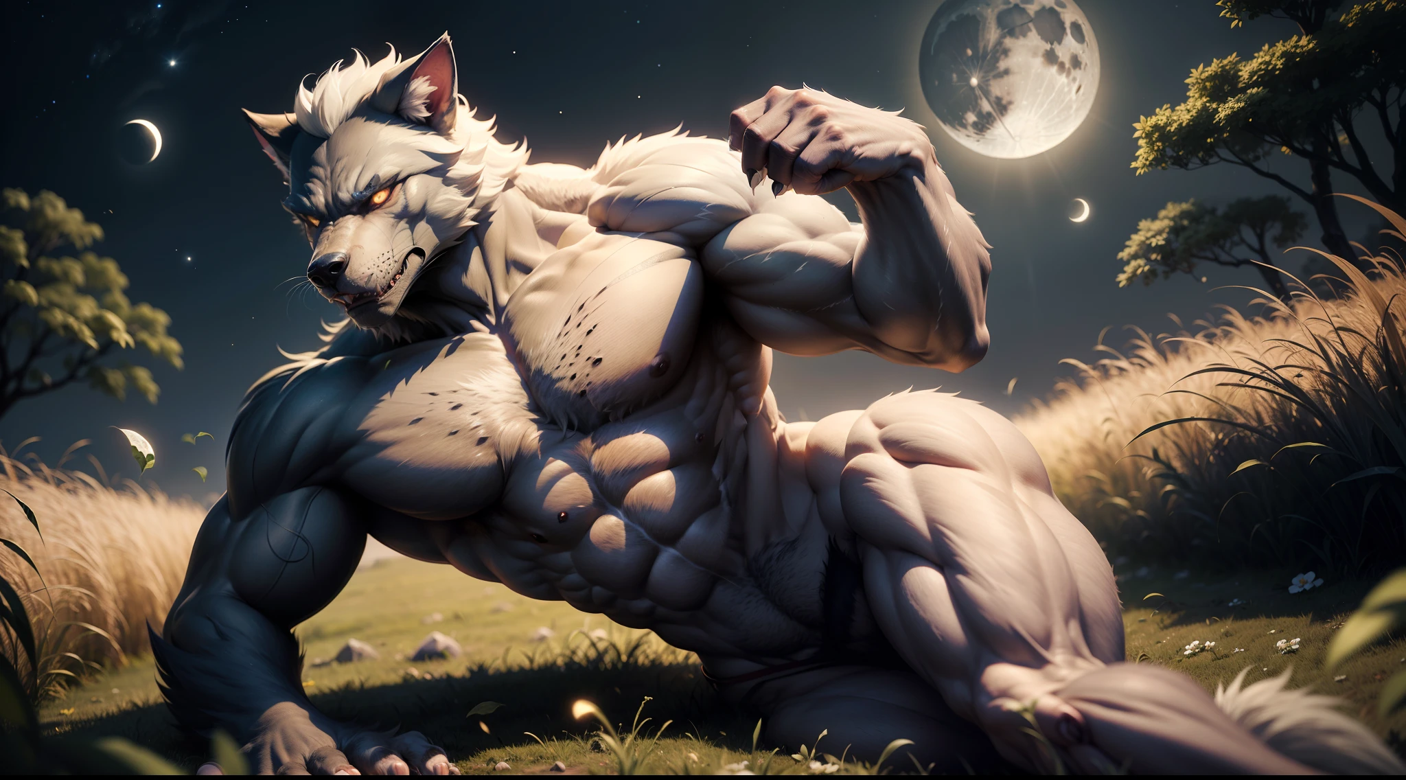 muscular werewolf,Solid white,grassy fields,during night,moon full,Hairy all over,clawed paws,erect through