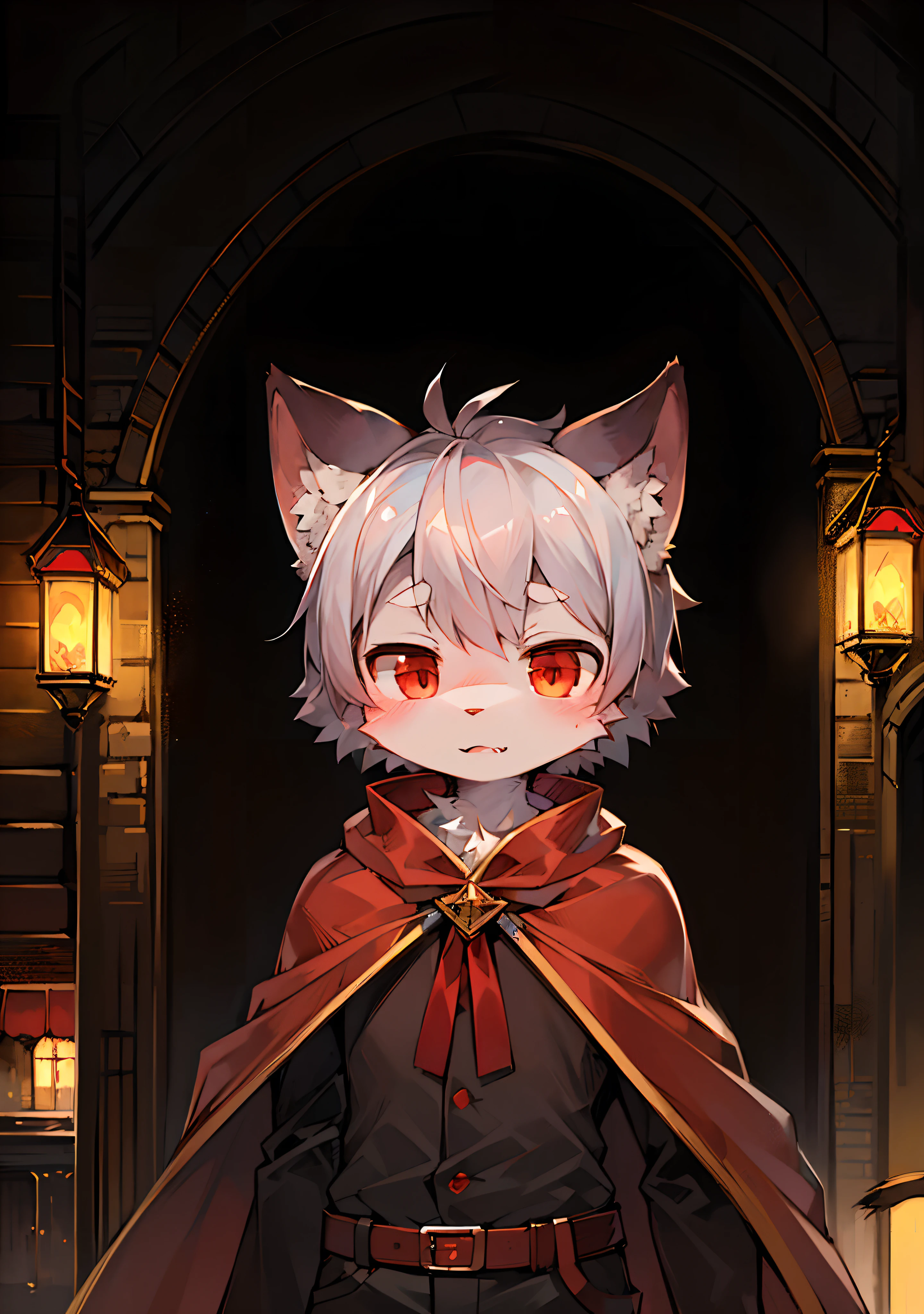 (Dark Environment: 0.8), Masterpiece, High Quality, Abstract Res, Digital Painting\(artwork\), by Dagasi, Yupa, Kiyosan, (Anthro, Fluffy Fur, Character Focus: 1.1), Anthro Male Cat, Short Hair, Portrait , bright eyes, panorama, character focus. (Detailed background: 0.7), Solo, Furry, Furry Male, Male Focus, Antr, (Full Body Fur, Fluffy Tail, White Fur, Red Eyes, Gray Hair: 1.2), (Canids, Vampires, Cape: 1.2)