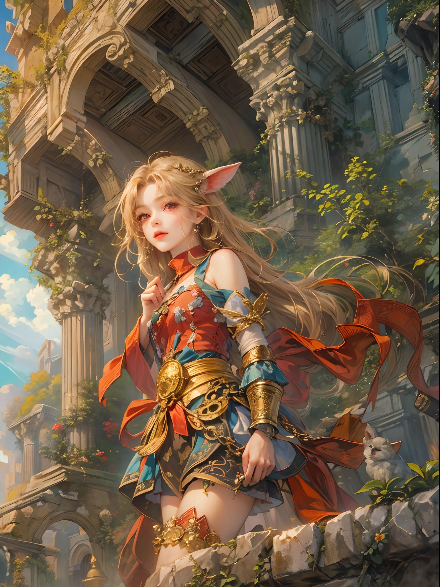 (absurdres, highres, ultra detailed, HDR), masterpiece, best quality, legend of mana character, heroine, detailed face, beautiful face with decorative pins on hair, seraphina talking to a little  black haired faerie with red eyes with magic wand outside midas ruins, detailed character, detailed outdoor ruins, detailed backdrop