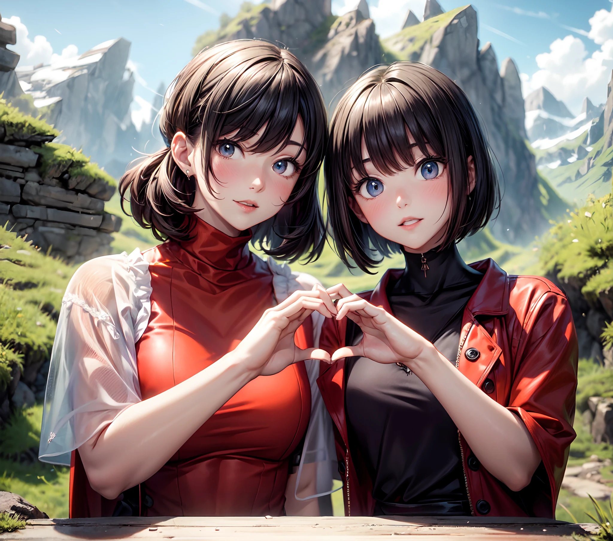 "Image of a young couple in their early 20s, embracing in a heart pose, wearing adventurous outfits, against a stunning mountain backdrop. The scene is filled with fantasy elements and features a fantastic scenery. Seeking a masterpiece with the best quality and extreme detail."