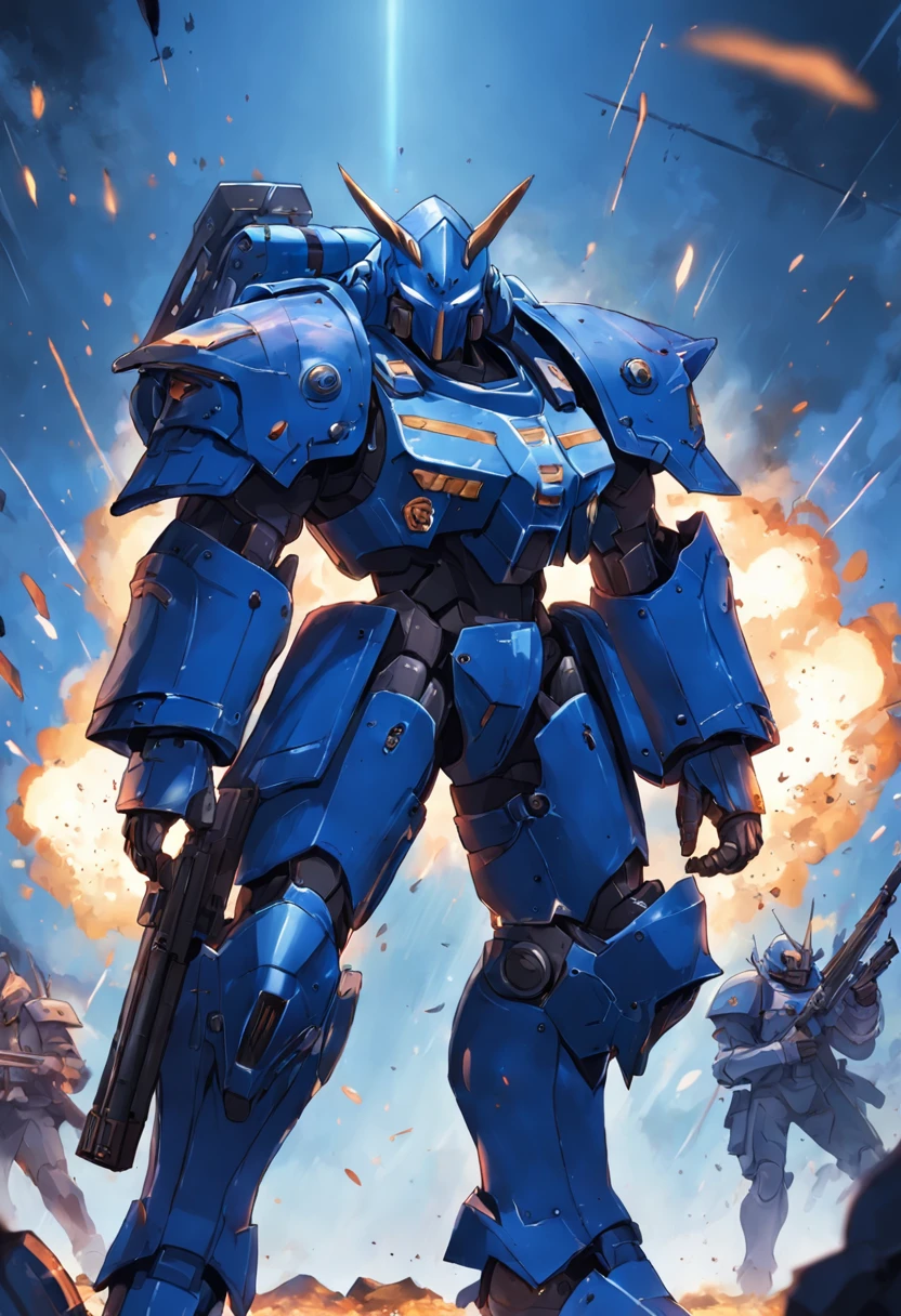 Tall soldierrs, heavy armor, blue, weapon, gatling gun, faceless visors, rank on the side of clothing, horizon