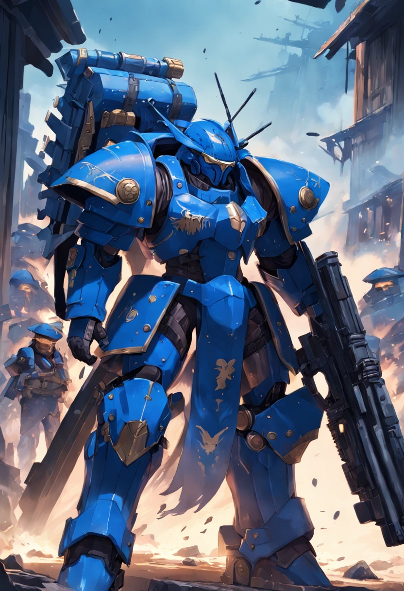 Tall soldierrs, heavy armor, blue, weapon, gatling gun, faceless visors, rank on the side of clothing, horizon