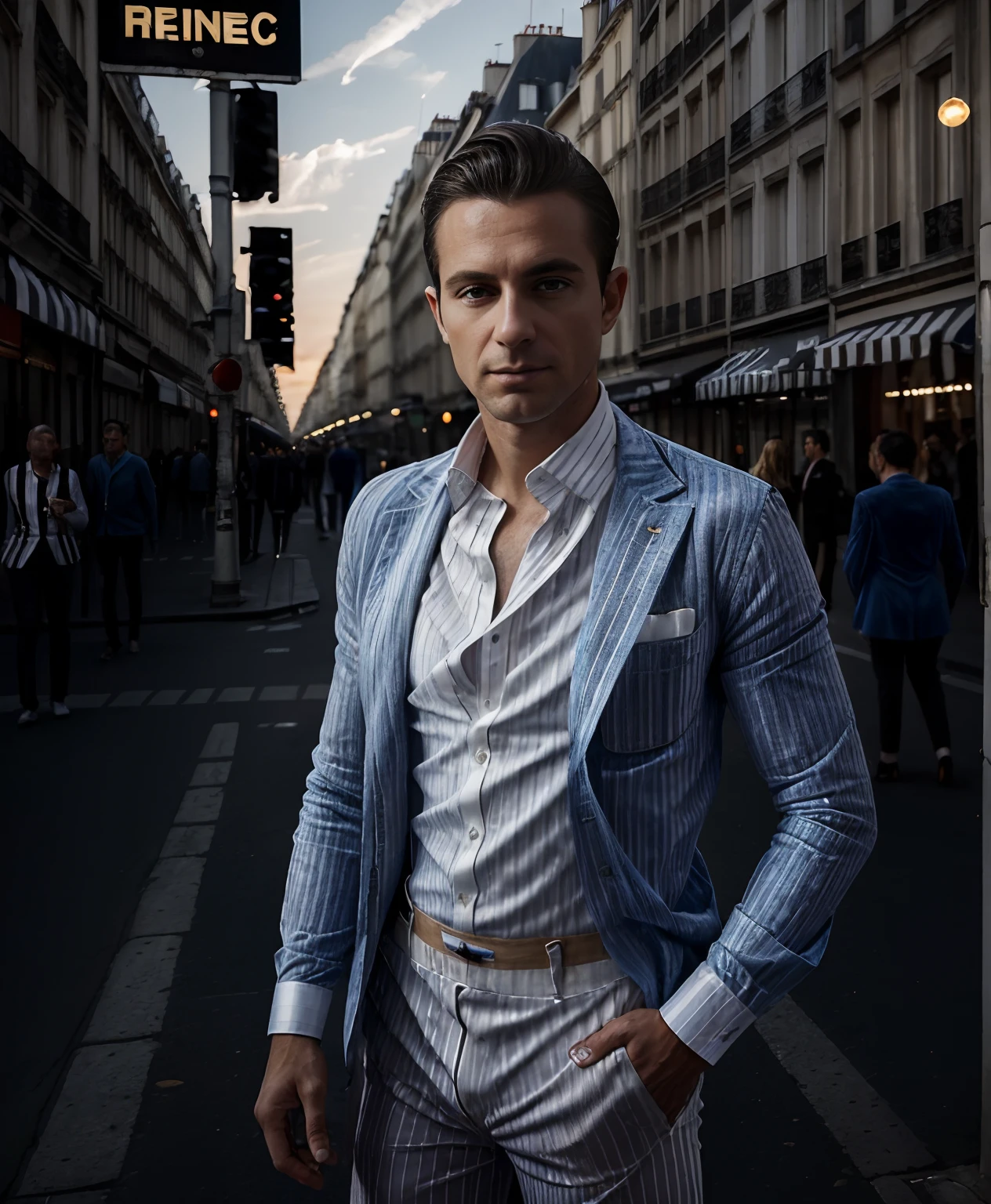 (tmasterpiece, photoreallistic), (f/1.4, Sony a7R IV) ......RAW, Portrait of a man with a seductive European hand, 35 ans, (cheveux bruns courts sans barbe:1.3), (petites oreilles:1.3). Full view, (portant une veste de costume bleu velours:1.5), (White striped shirt and white fashion pants:1.6). Standing in the street in a very famous pose, Photographie et pose de mannequinat, Moniteur du New York Times et rue, Cities in the background and passers-by in the background and Bokeh, Highly detailed and symmetrical face, detailed lips, ceinture, detailled eyes, Des jambes parfaites, Background and sunset of the city of Paris and golden sky of the sunset, Bokeh, Precise finger, Super creative pose, VRAIE PHOTO, Lively street, Kodak, Anciennes couleurs de film, ultra fine detail, slow shutter speed, Stretched lights and movement, Bokeh