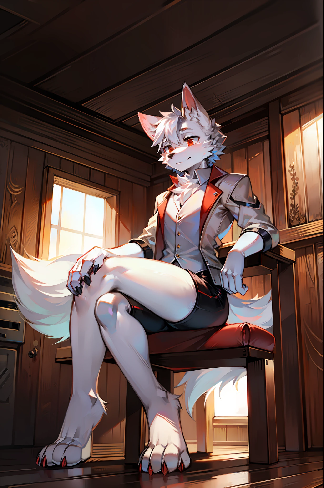 Silver high-fidelity robot wolf,Wear a white vest,red short,Sitting in the cabin,Legs raised