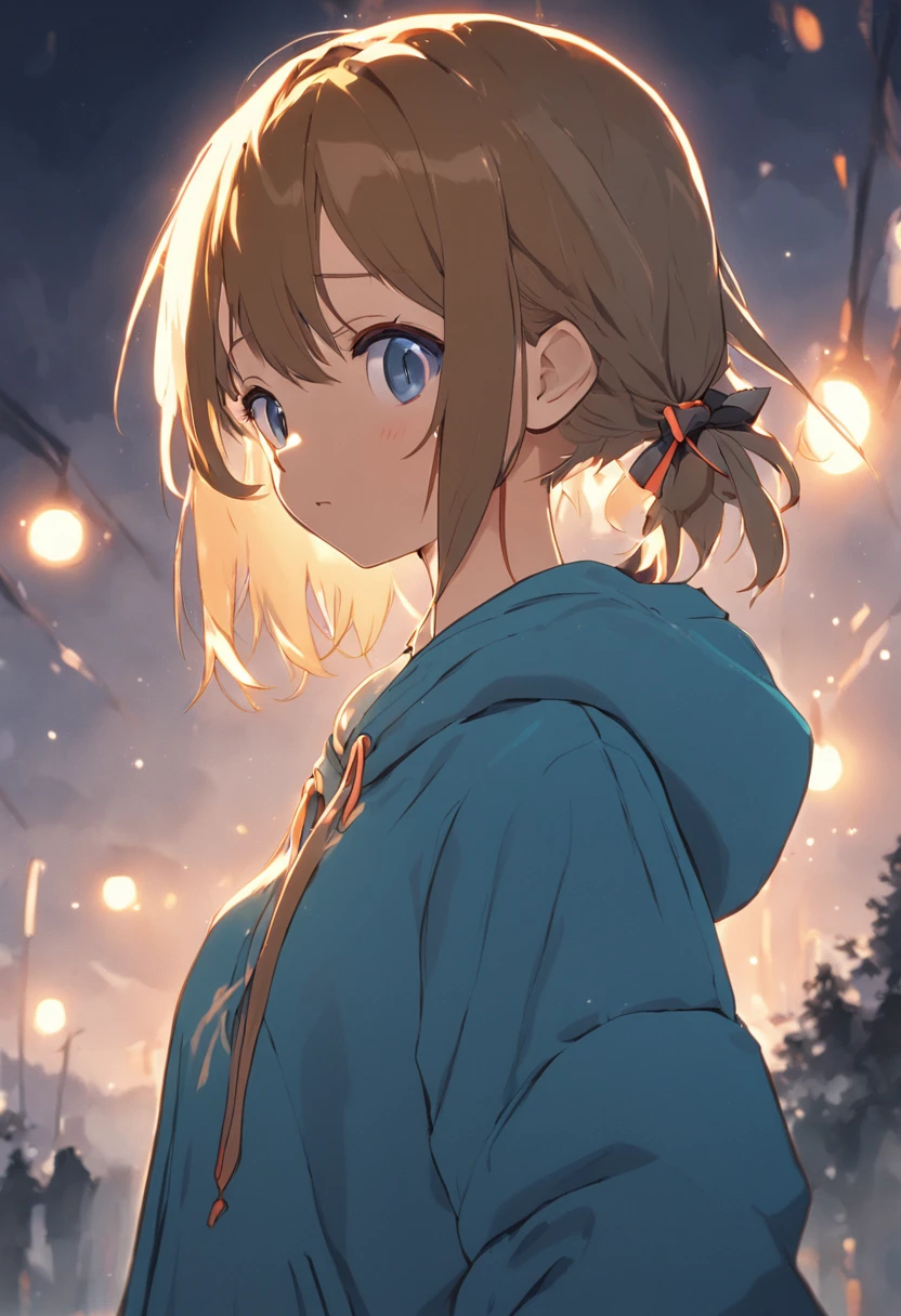 Girl with a short cut outside splash with braids above the ears、Golden eyes、Light brown hair、Blue ribbon、Wearing a hoodie over a Y-shirt、thin ribbon at chest,、Classroom、Female protagonist