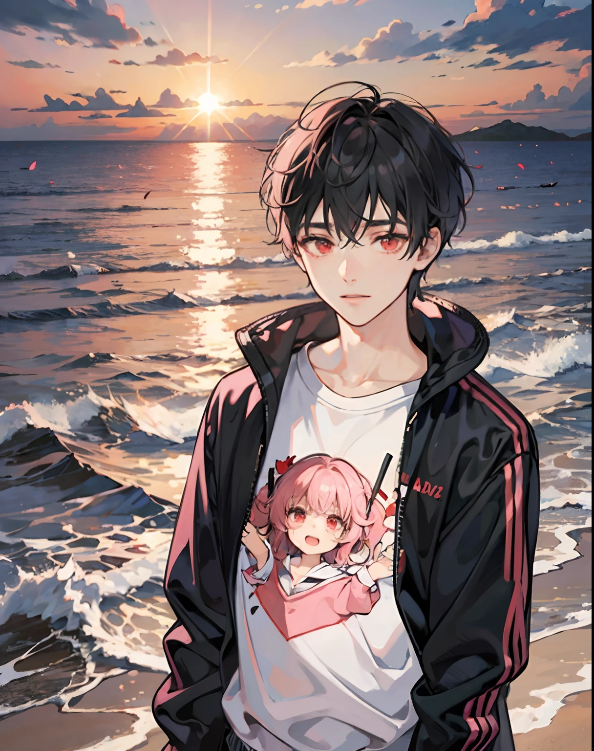 best qualityer，tmasterpiece， beachside， the sunset， 1guy， with short black hair， red eyes， Pink sweatshirt， The upper part of the body， sportrait