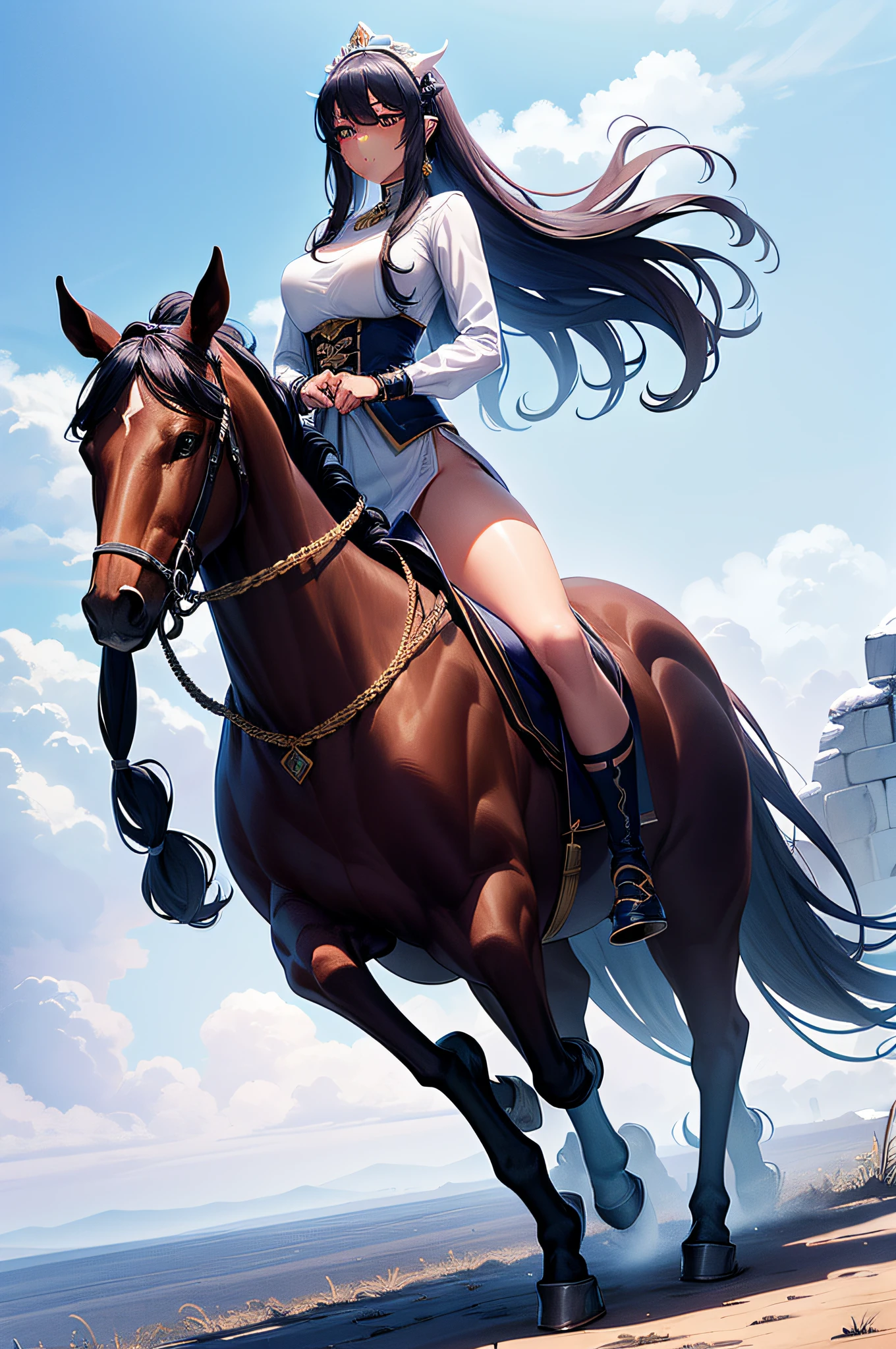 ride horse,tmasterpiece, top-quality, A handsome female rider、Also々right、1girll,Tall horses, 耳Nipple Ring, jewely, long whitr hair, ride horse, looking at viewert, obi strip, 独奏, Dark skin, Blushlush, pigtails, ride horse, Dark-skinned women, The snow is considerate、Magical fantasy、Lavender fields、in isekai、Medieval Europe、((full body shot of))、Dynamic angles、 tmasterpiece, Best quality at best,