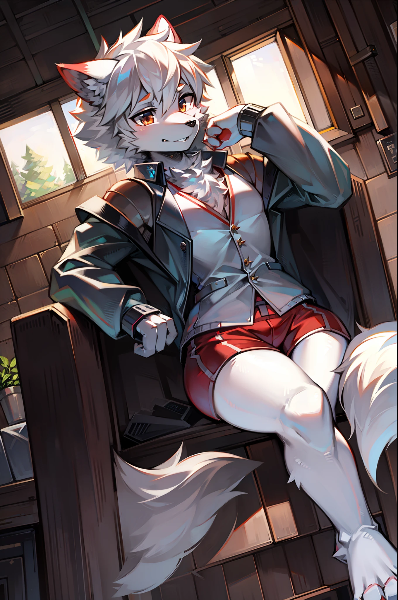 Silver high-fidelity robot wolf,Wear a white vest,red short,Sitting in the cabin,Legs raised
