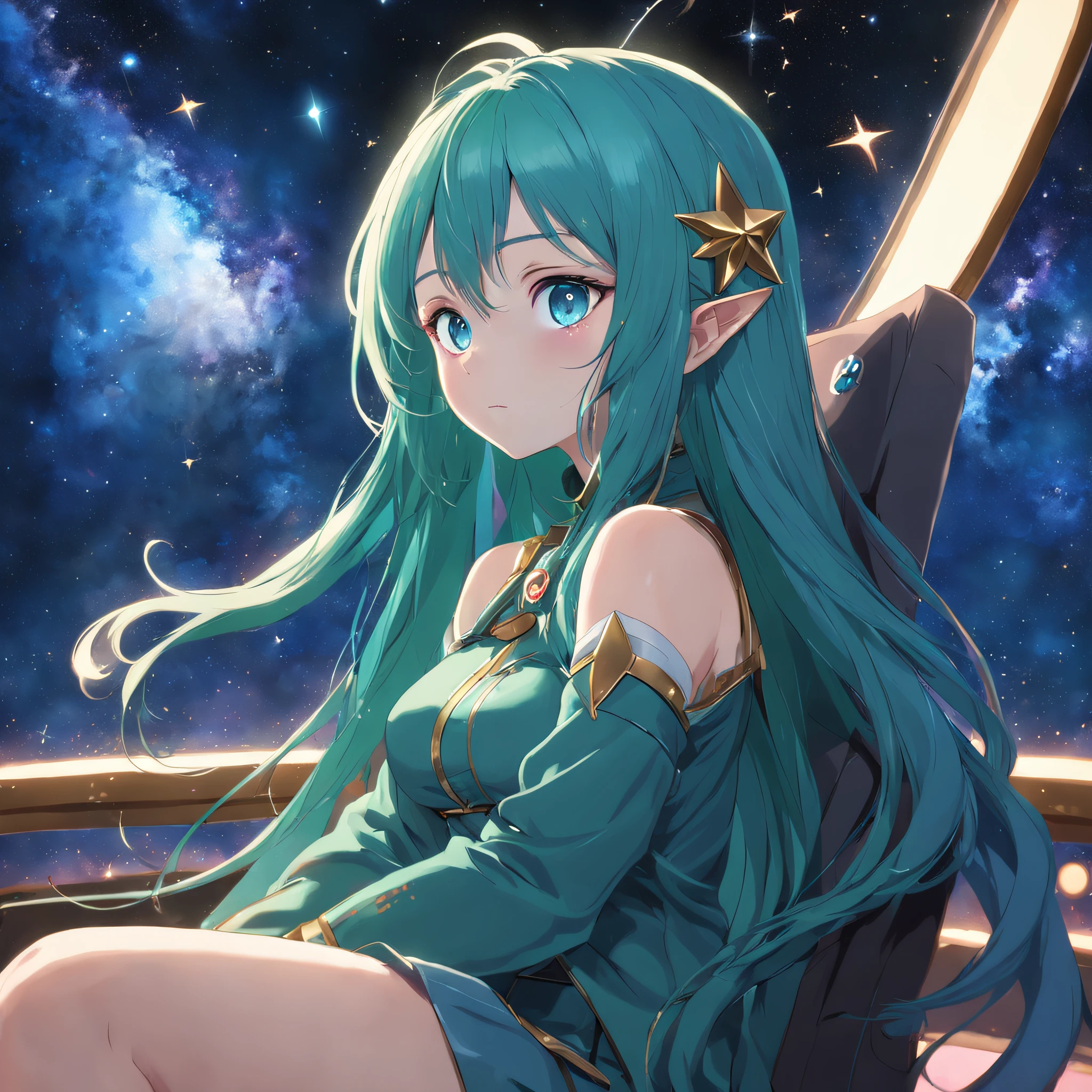 A cute girl,blue long hair,Green eyes,sit on chair,Face to the audience,looking at the stars,galactic,big breasts beautiful,spectacular,tmasterpiece,HighestQuali