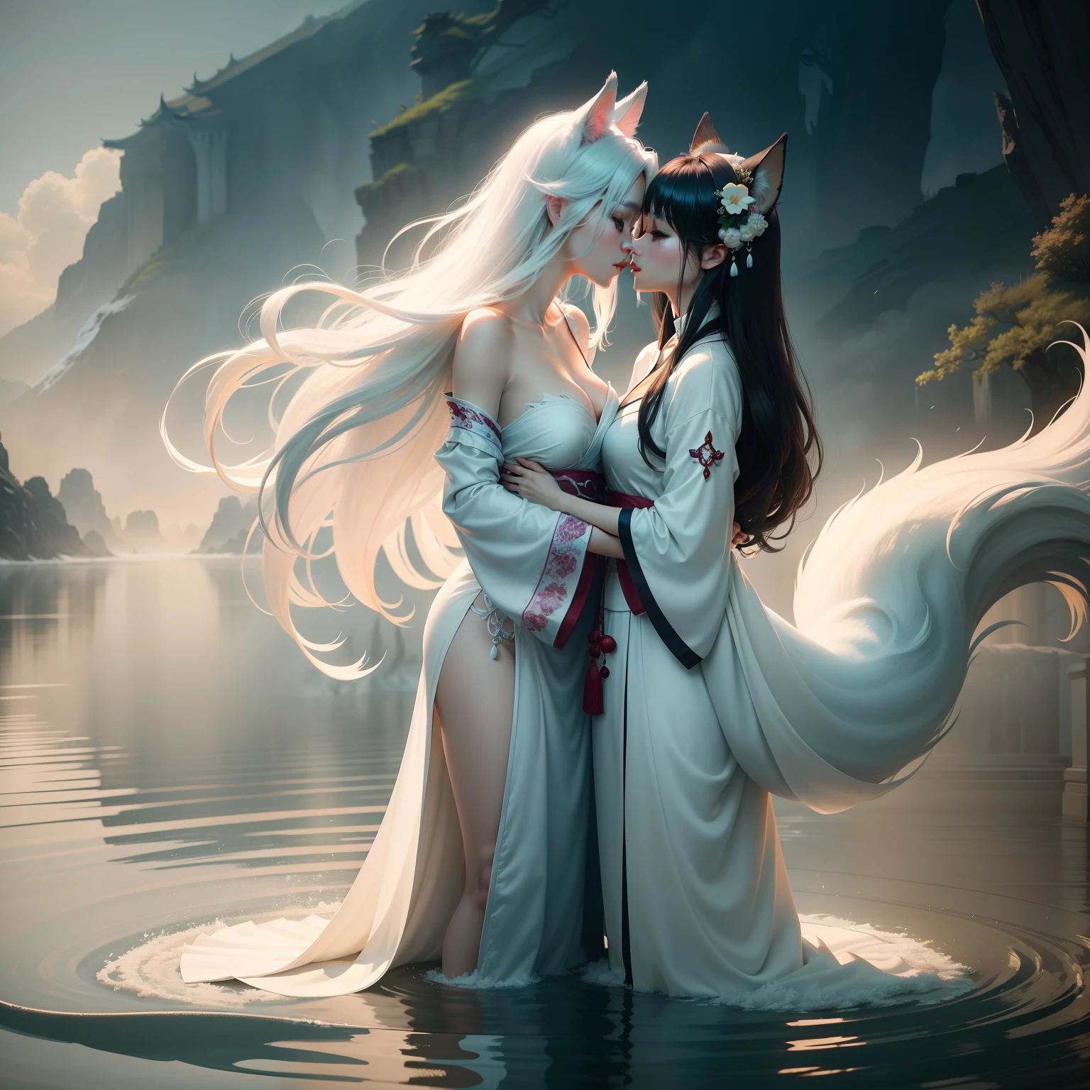 Two beautiful and ethereal vixens kiss together in flowing white Chinese robes。The image captures a fox spirit standing gracefully on the water,It is surrounded by white clouds and mist,Adds an otherworldly touch to the scene。The fox demon's long white hair and robe were blown up by the wind,It adds movement and fluidity to the picture。Use Midjourney's advanced brush tools to create complex folds and textures on vixen's robes and hair,And experiment with different color palettes and brushstrokes to bring out the ethereal quality of the scene。The image of the vixen is sometimes obscured by the surrounding mist,It also adds to the beauty of the vixen,Make the scene full of mystery and fascination。Leverage Midjourney's powerful tools,You can bring this captivating and ethereal scene to life with incredible detail and beauty。 hdr,(真实感,Masterpiece quality,best qualtiy),,pureerosface_v1,ulzzang-6500-v1.1,