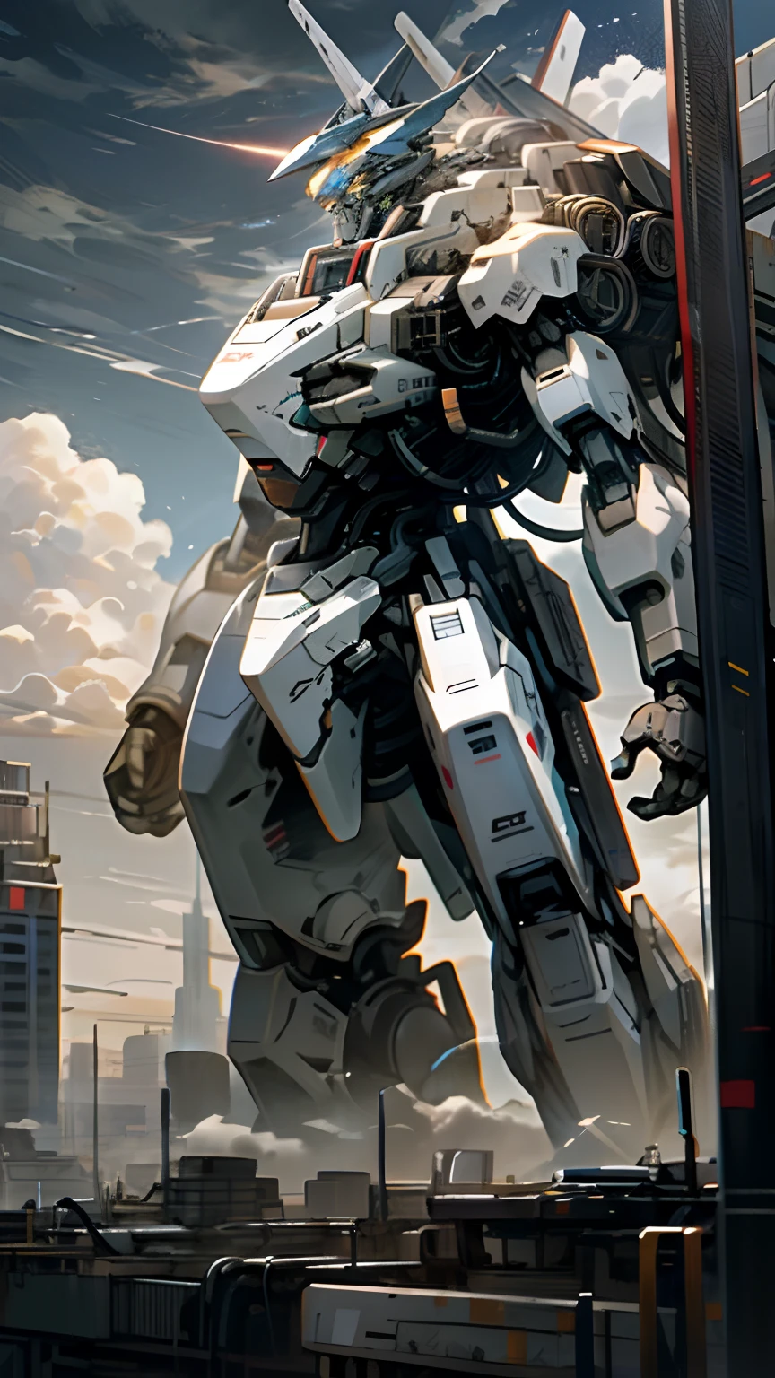 Sky, Clouds, holding_weapon, no_humans, Glow, Mecha, Architecture, Science Fiction, City, Reality
