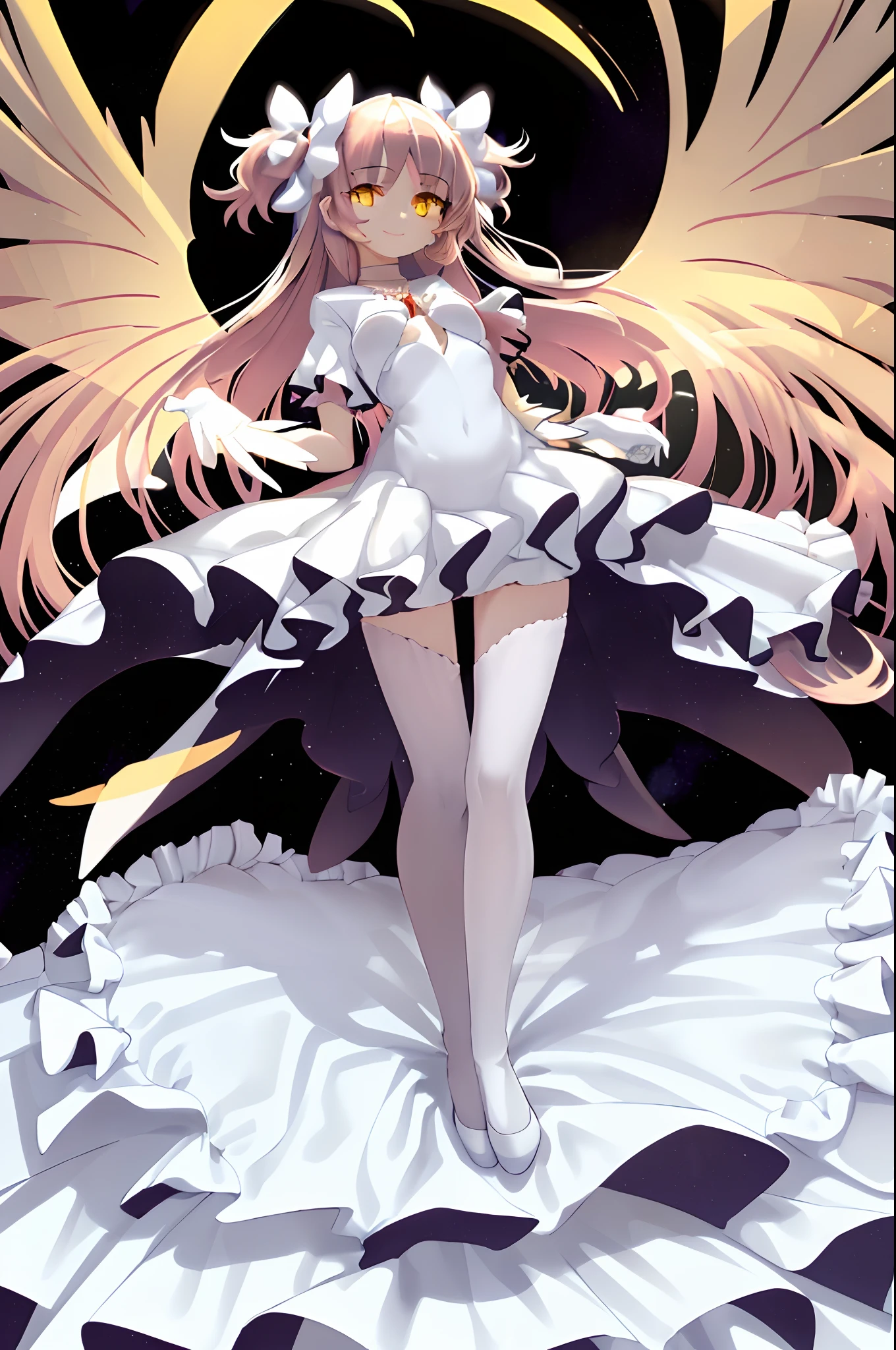 masterpiece, ultimate madoka,yellow eyes, white dress,night skyfull body, standing, smile, angel wings