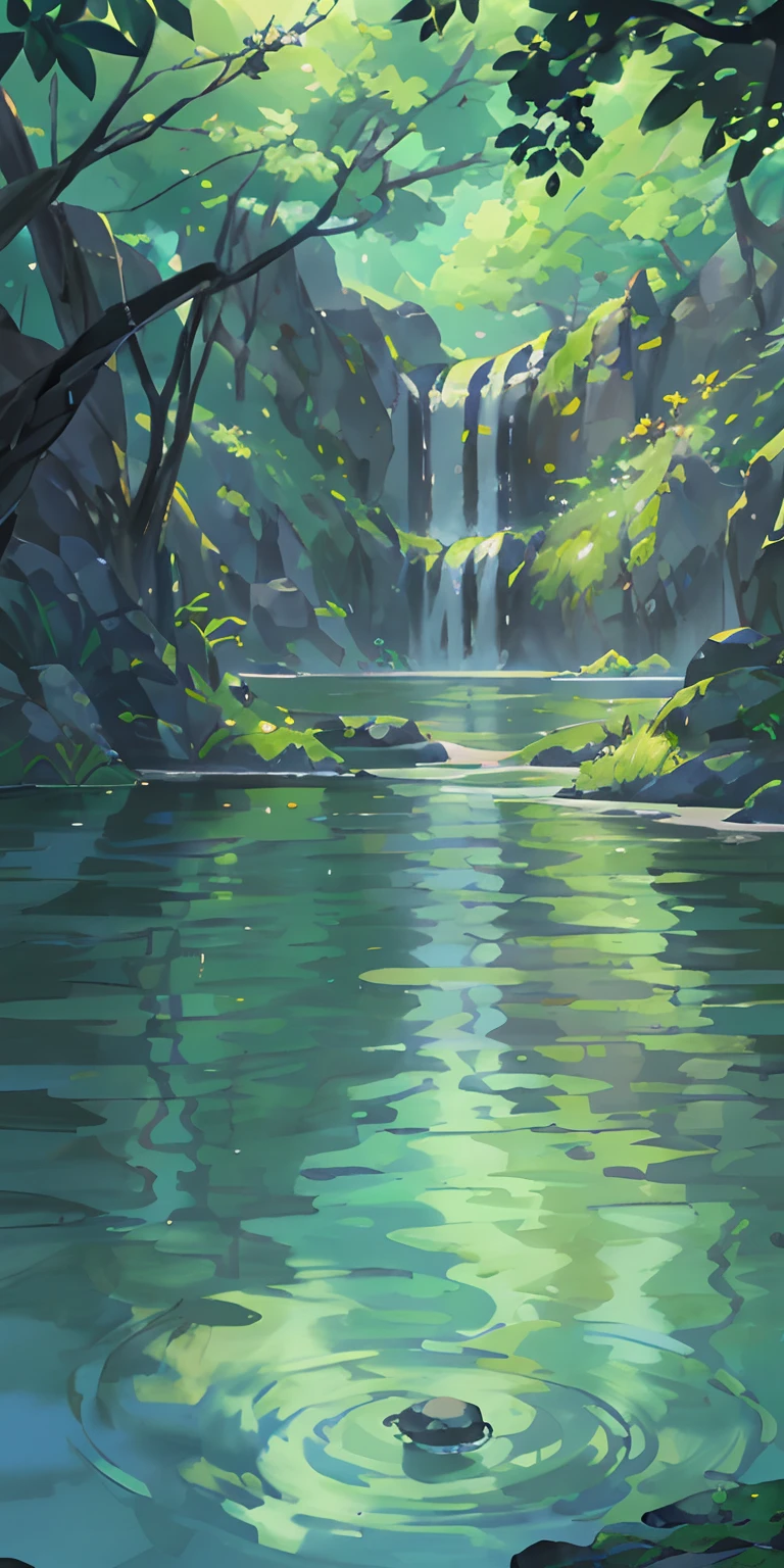 Chinese Antiquity, primavera, Jungla, lago, cueva, cascada, tree, prado, roca, Ciervo, Aguas termales, vapor, (illustration: 1.0), epic composition, realistic lighting, Detalles HD, Obra maestra, La mejor calidad, (muy detallado CG unificado 8k wallpaper), Piedra saltando en el agua, piedra en el agua, Saltar al agua, salpicar agua, saltitos, piedra salpicando