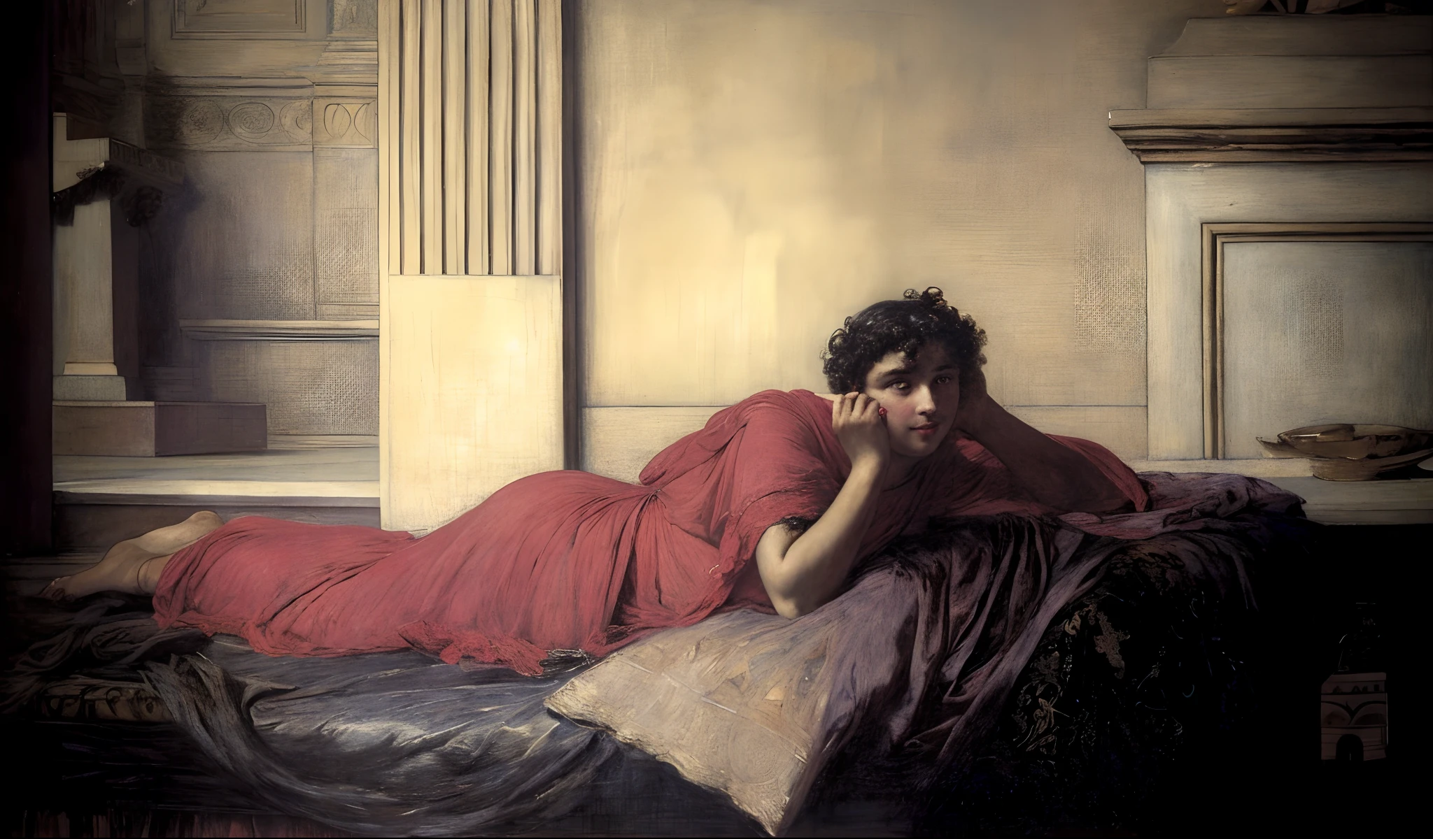 painting of a woman laying on a bed with a red dress, lawrence alma - tadema, lawrence alma tadema, jean-joseph benjamin-constant, j. w. godward, sir lawrence alma - tadema, tadema, godward, john willaim godward, alma tadema, by Gustave Boulanger, by Albert Joseph Moore
