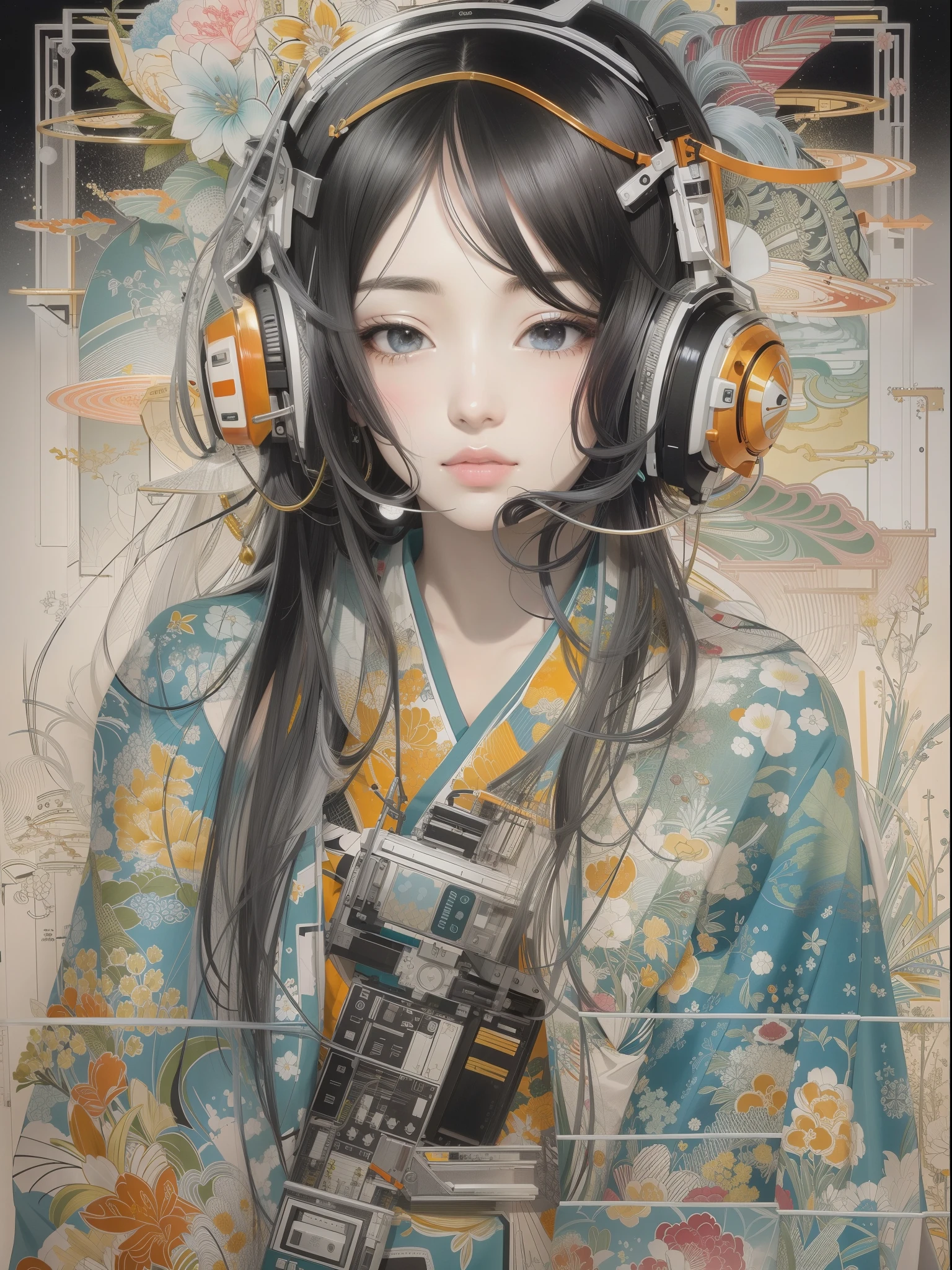(Best Quality, masutepiece:1.1), (Realistic:1.4), Status quo、DJ Girls、Longhaire、Huge space、ukiyoe painting、Complex structural spaces、disco