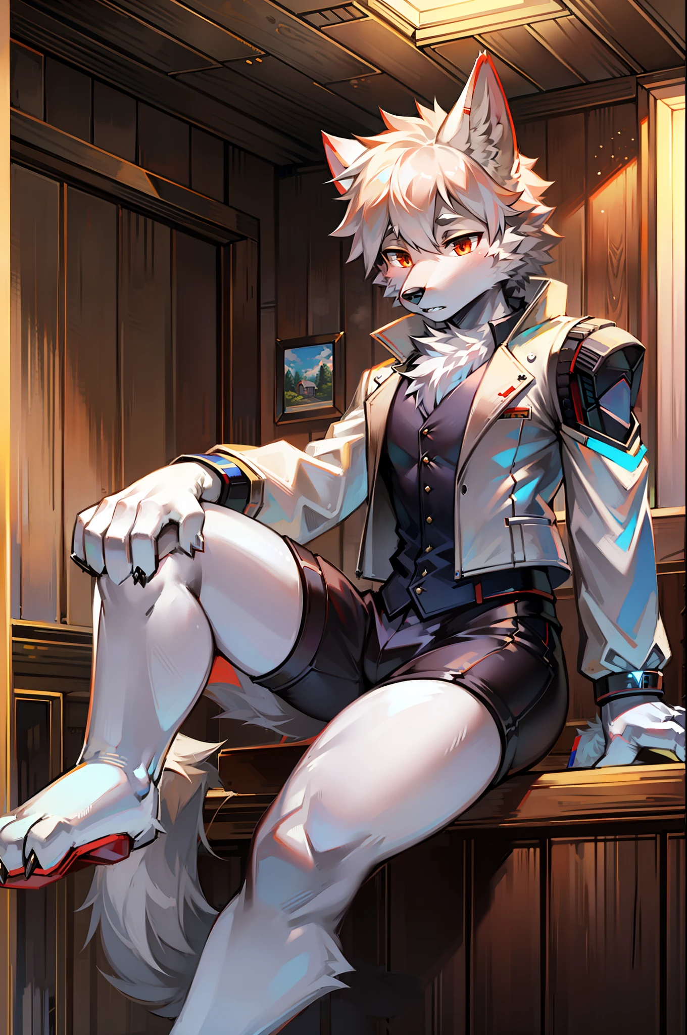 Silver  robot wolf，sitting in the couch，full bodyesbian，（Photorealistic）