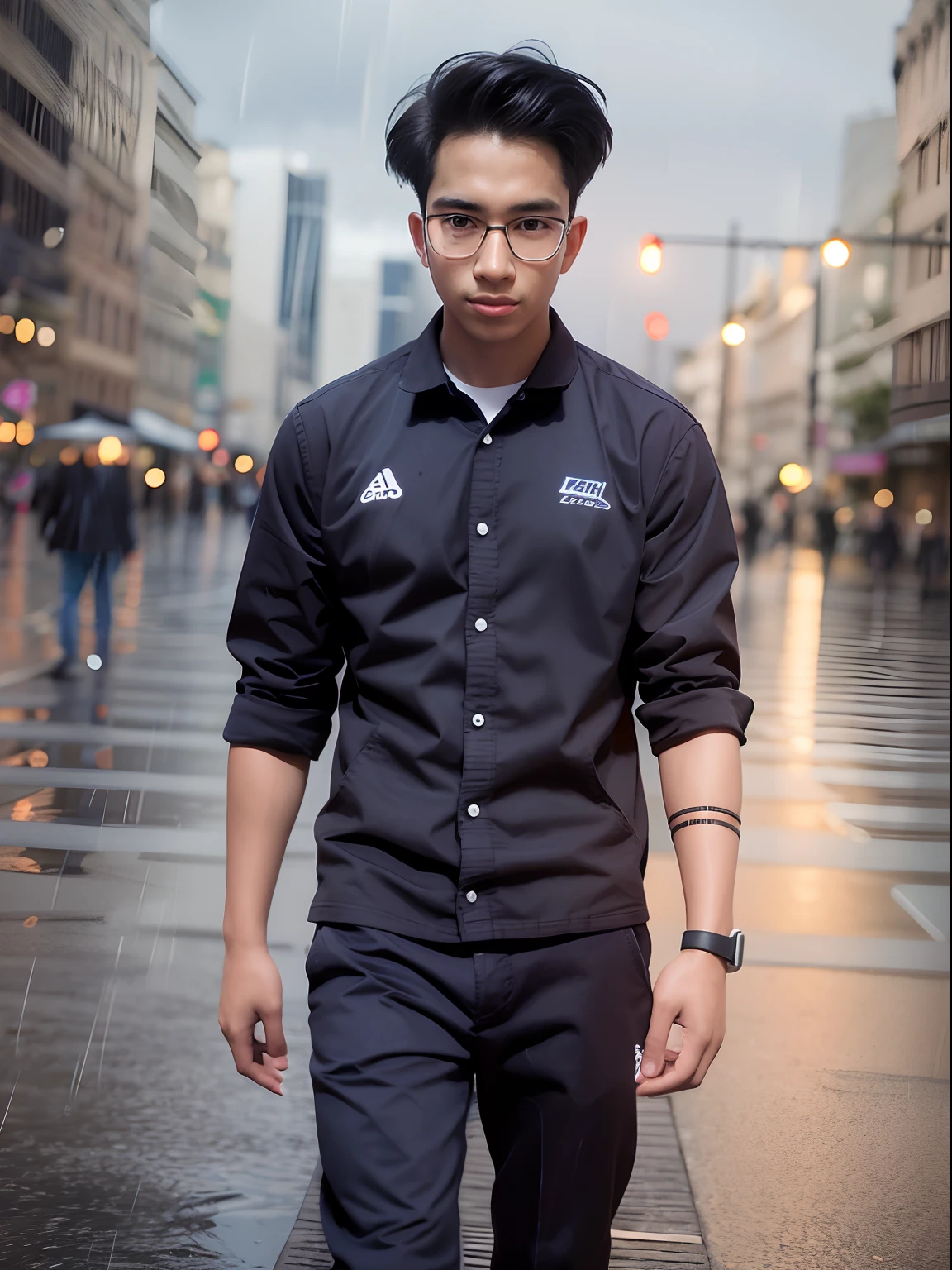 a teenager male, black hair, wear glasses, shirt, pants, dark night, heavy rain, lake, fog, lonely, eye reflection, streaming tears, panorama, ray tracing, reflection light, chiaroscuro, cinematic lighting, depth of field, masterpiece, best quality, high details, highres, ccurate, textured skin, high quality, UHD, HD