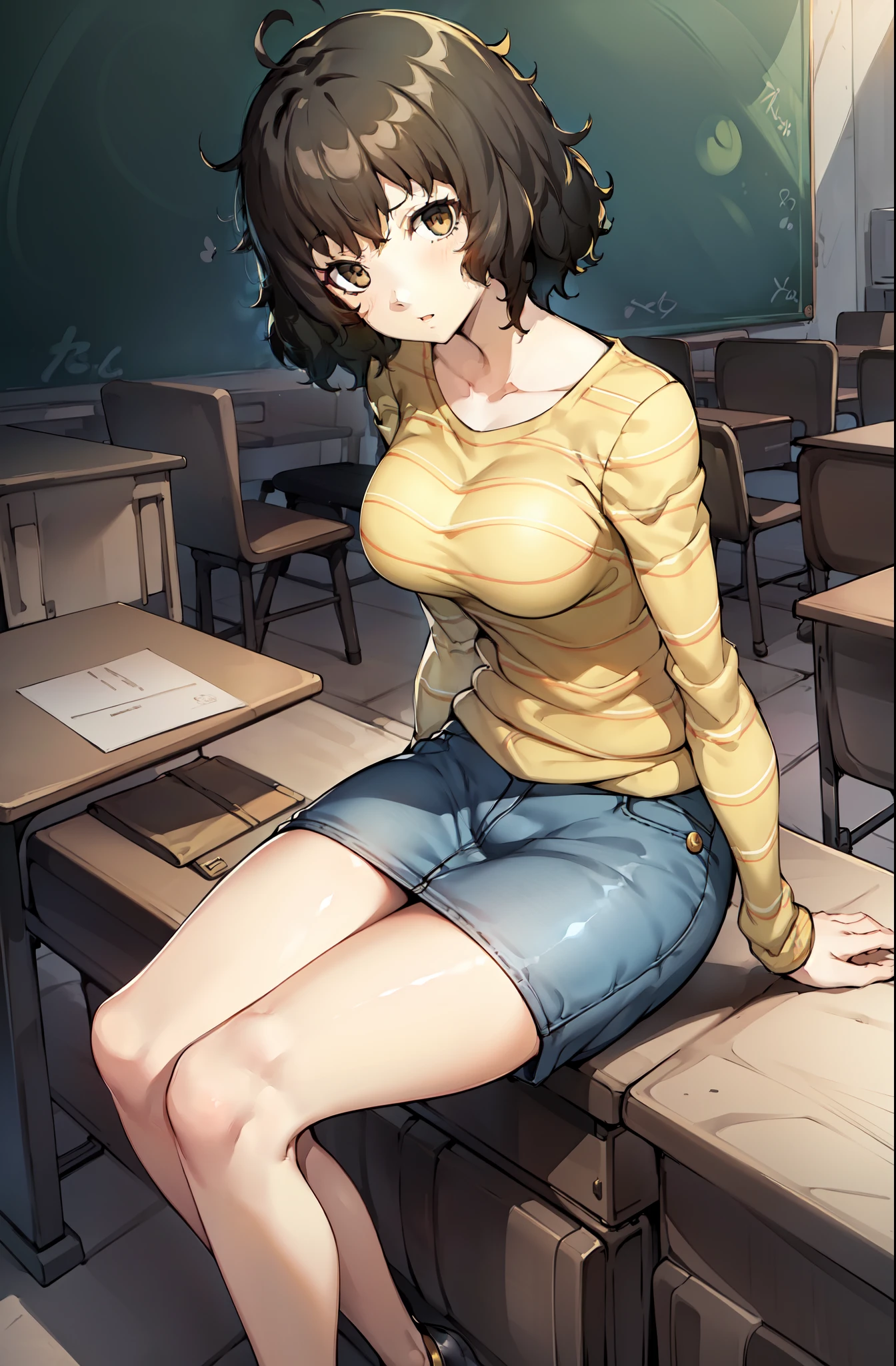 masterpiece, best quality, highres, illustration, high quality, highres, 1girl, solo, female focus, D-Cup breasts, ((yellow striped long sleeves, long blue denim skirt skirt, skirt goes down to knee)), denim shorts, teacher P5_Kawakami, sitting next to viewer, soejima shigenori, (persona 5:0.5), short hair, messy hair, brown eyes, closed mouth, straight mouth, blue denim skirt, long skirt, neutral expression, looking at viewer, volumetric lighting, face closeup, ((over-the-shoulder shot)),