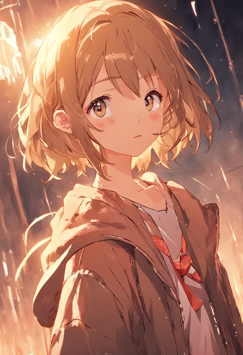 Golden gentle eyes、Girl with a short cut outside with braids and ribbons above the ears、Light brown hair、Wearing a hoodie over a Y-shirt、thin ribbon at chest,、schools