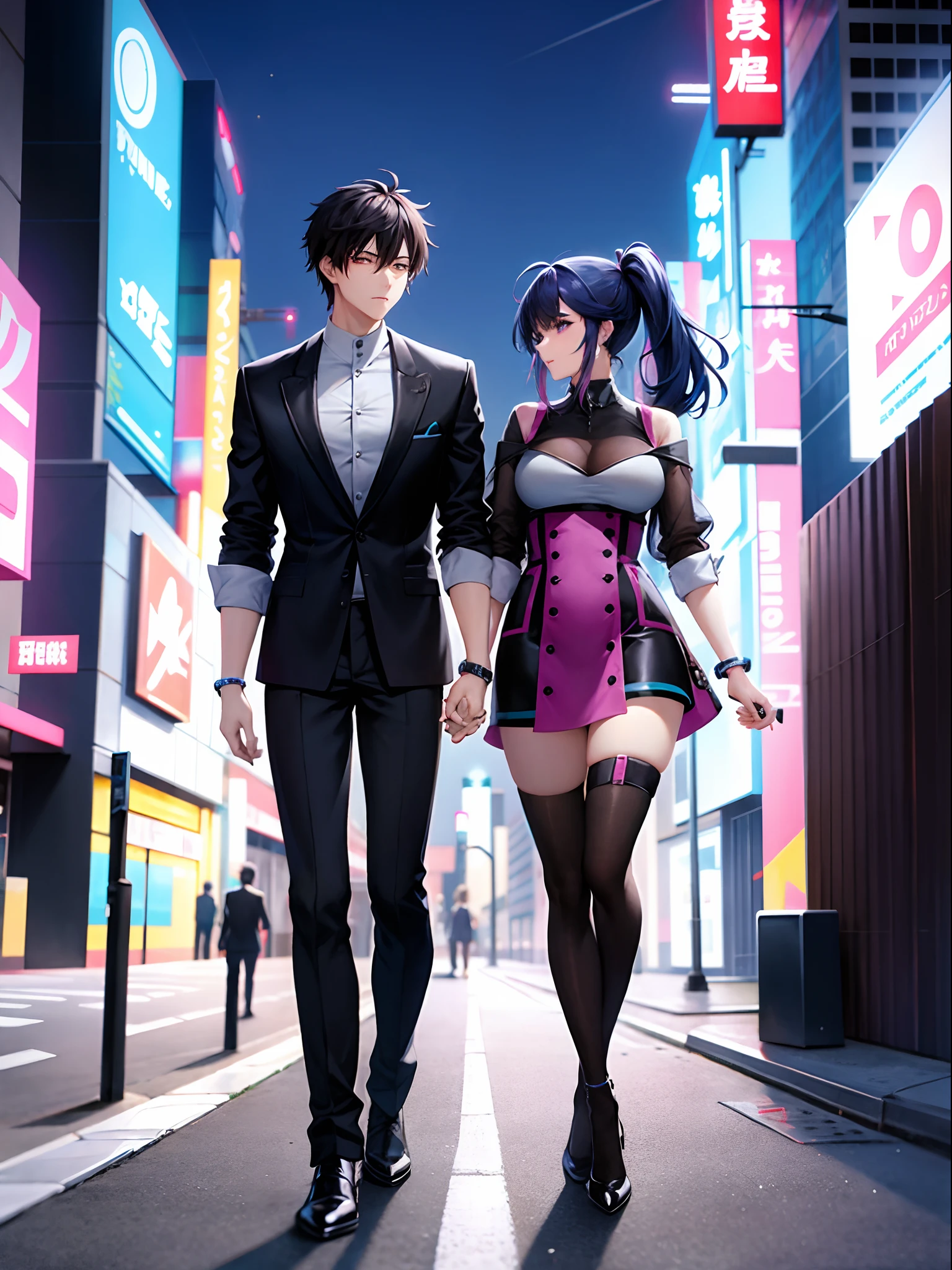 a couple standing on a street next to building buildings, the guy black hair and wearing black suit pants and a white stylish button up, the girl wearing a bright purple and cyan dress with starry dark blue hair,  the guy holding her hand, digital cyberpunk anime art, digital cyberpunk - anime art, cyberpunk art lding, anime cyberpunk art, stylized urban fantasy artwork, cyberpunk themed art, in cynouveau