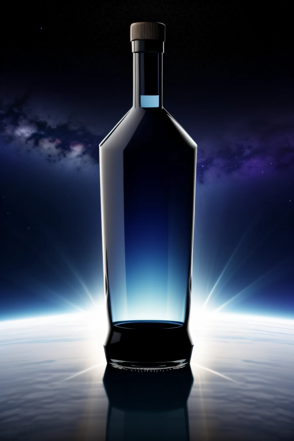 The vastness of space as the background,Background bokeh,A white bottle of vodka is on the center to the right,The brand name is Suberui