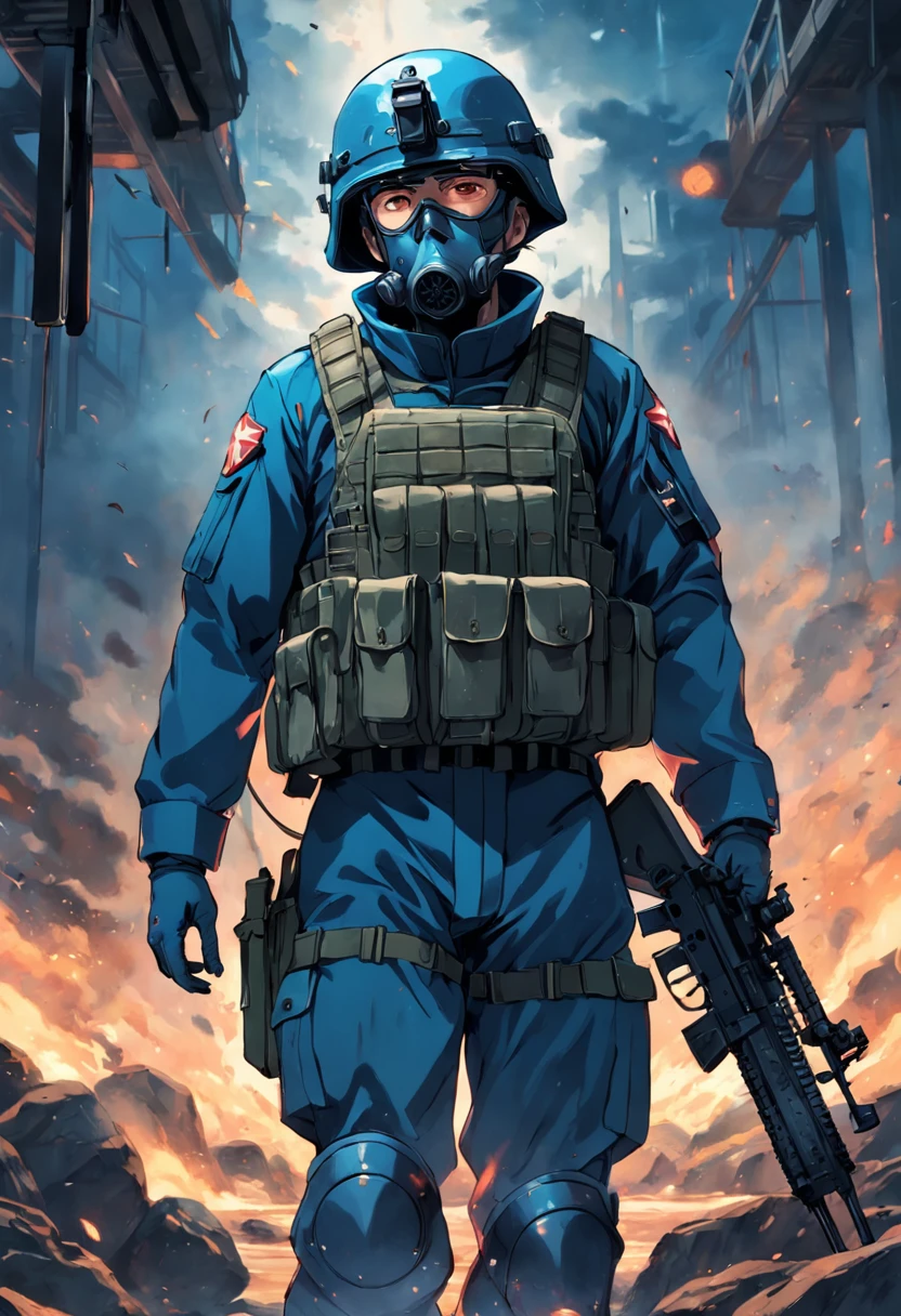 Tall soldiers, bulletproof vest, (soldier uniform), blue, weapon, gatling gun, gas mask, rank on the side of clothing, horizon, full fire