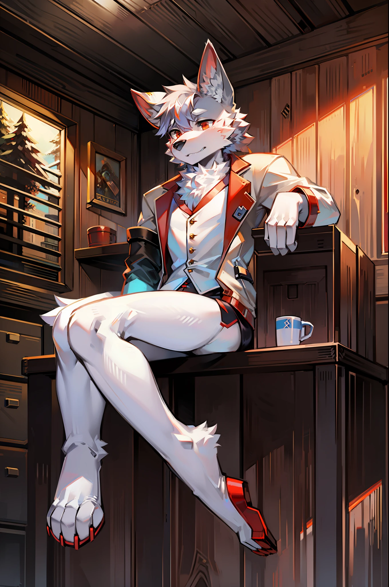 Silver high-fidelity robot wolf,Wear a white vest,red short,Sitting in the cabin,Legs raised