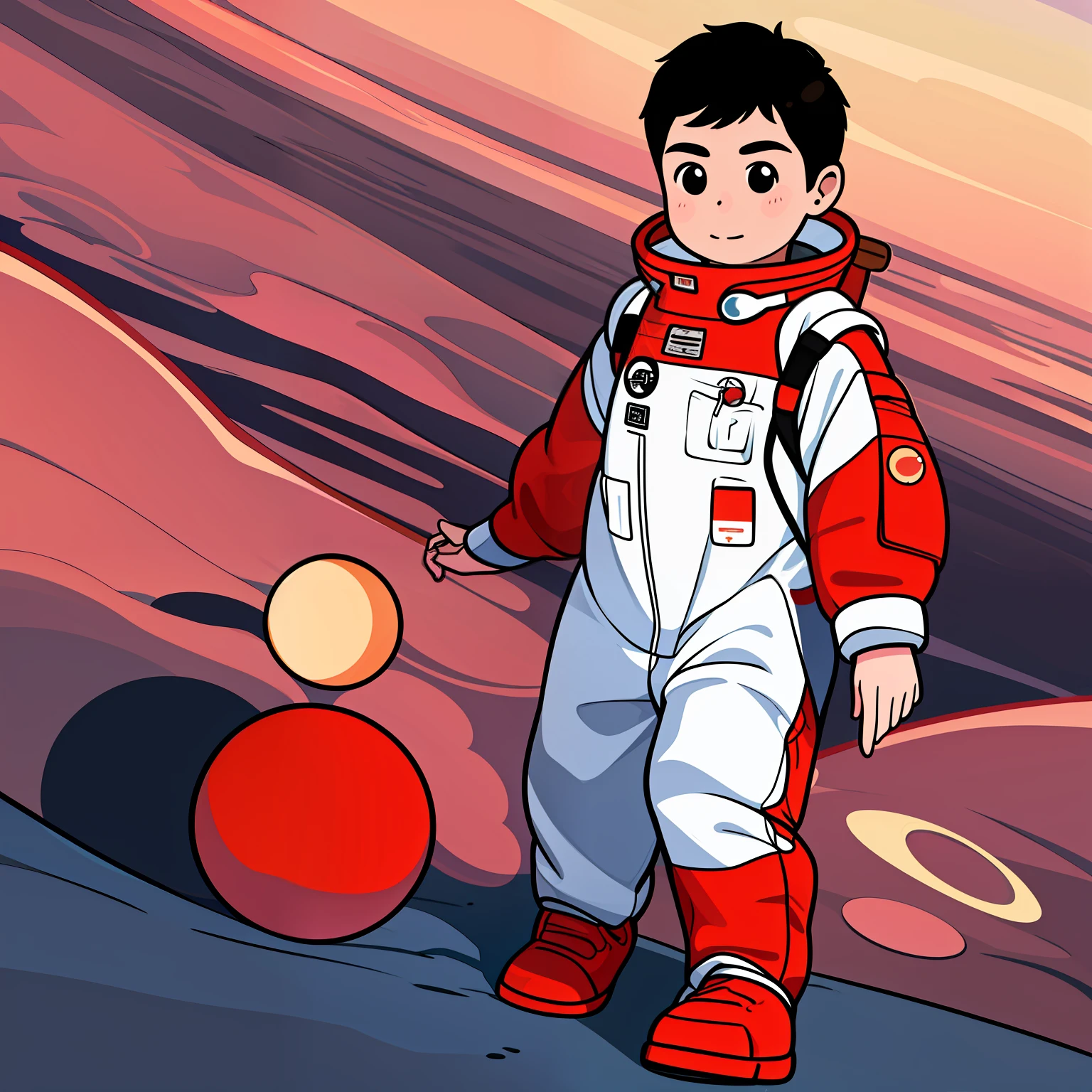 Masterpiece,Best quality,  walking on Mars,Spacesuit,3 moons,space,，Chinese red