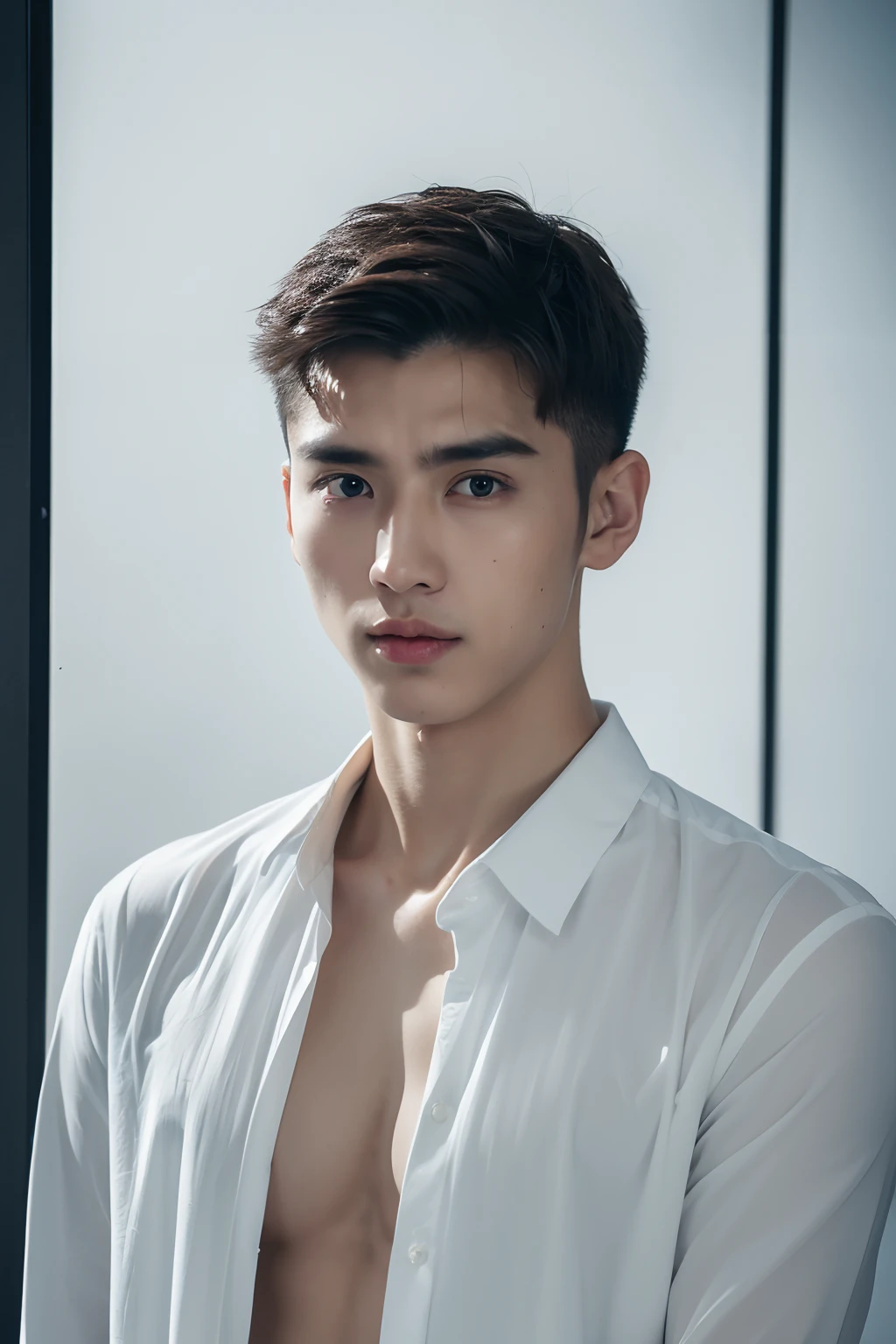 ( (8K:1.27), 4K,best qualtiy, tmasterpiece, 超高分辨率:1.2) Chinese man photo, young male,Perfect face,perfect bodies,white shirt,clothes see-through,Expose abs,realskin,super detailing