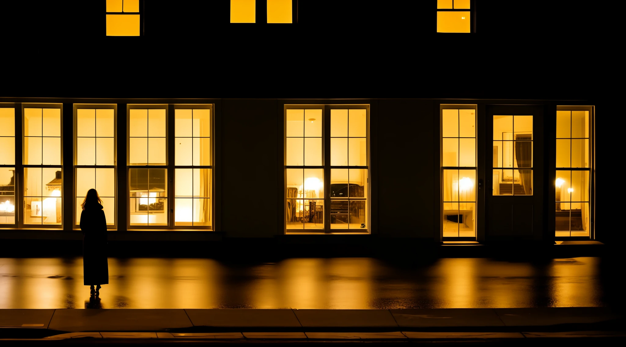 On a dark rainy night,An old house twinkles dim lights,Reflecting the miserable white woman standing by the window