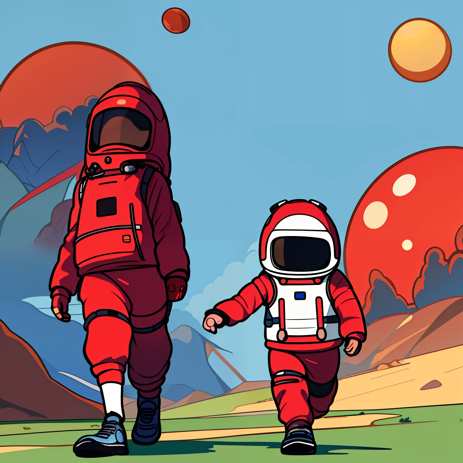 Masterpiece,Best quality, Little boy walking on Mars,Spacesuit,3 moons,space,，Chinese red