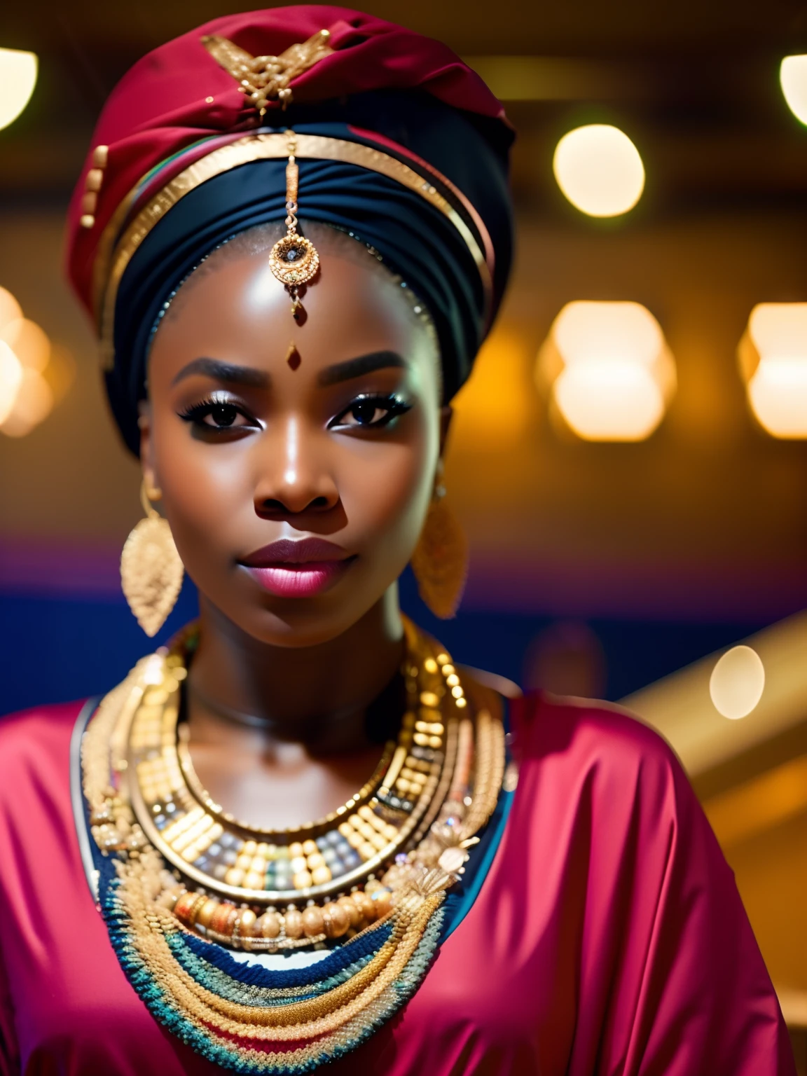 fking_scifi, fking_scifi_v2, portrait of a young very beautiful African woman, in front of a club, rich colorful clothes, turban and golden african jewelry, close up, regal pose and attitude. fking_cinema_v2. fking_cinema_v2