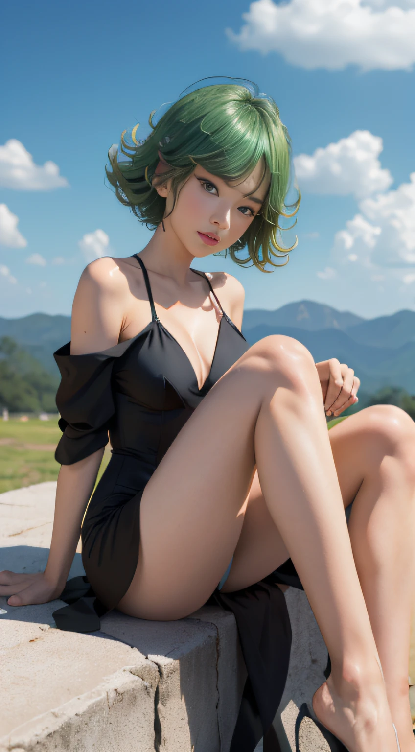 (Masterpiece, Best quality: 1.2), Cowboy shot, Solo, 1girll, tatsumaki，looking at viewert, Black dress, Blue sky, Clouds, Defined body, White panties, (((sit with your knees bent)))), Attractive feminine body, Beautiful, most famous in the world, Beautiful legs, From below.