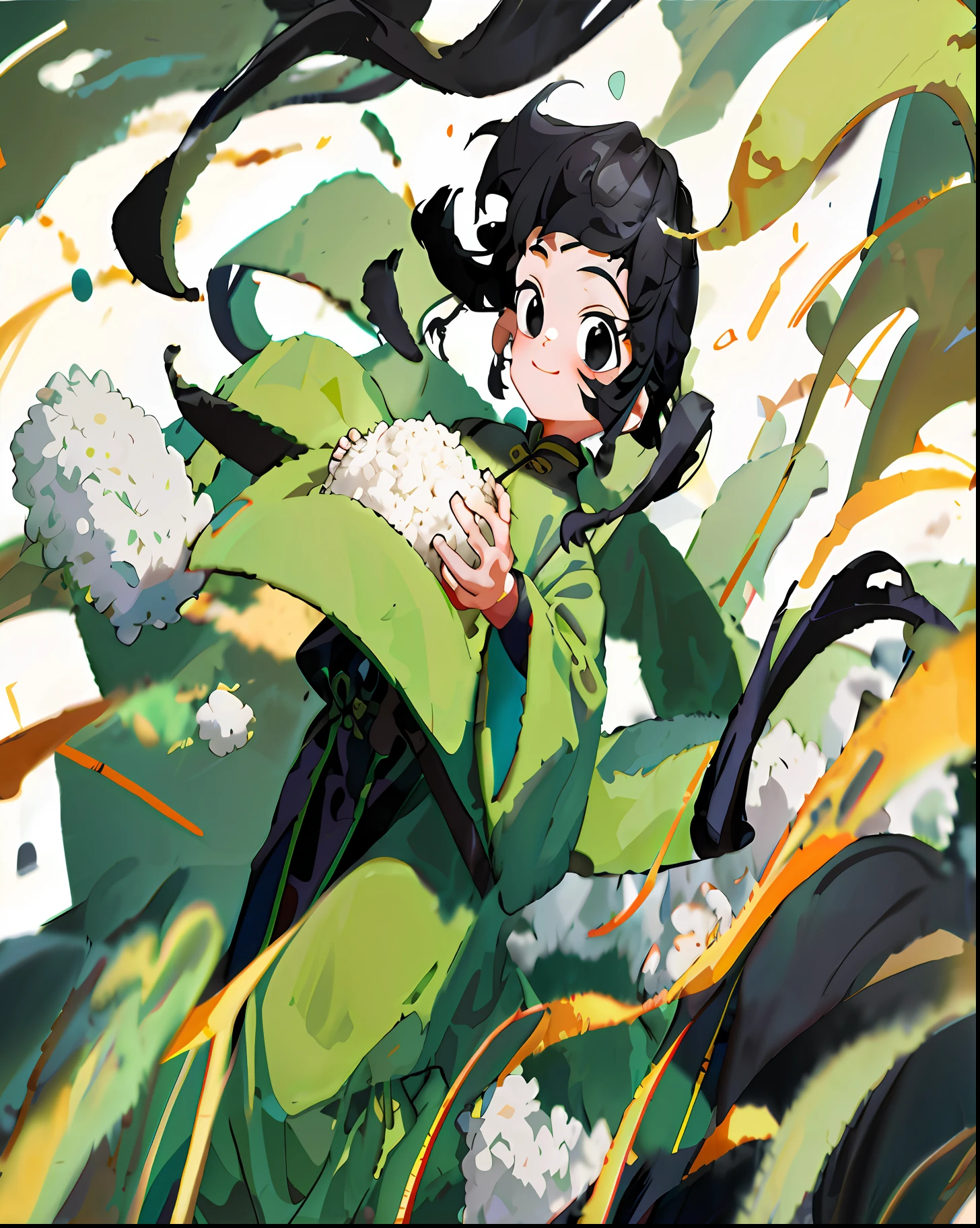 8k, masterpiece, high quality, men, children, black hair and black eyes, oil painting, Q version, green long sleeves, Chinese children's clothing, holding rice, happy